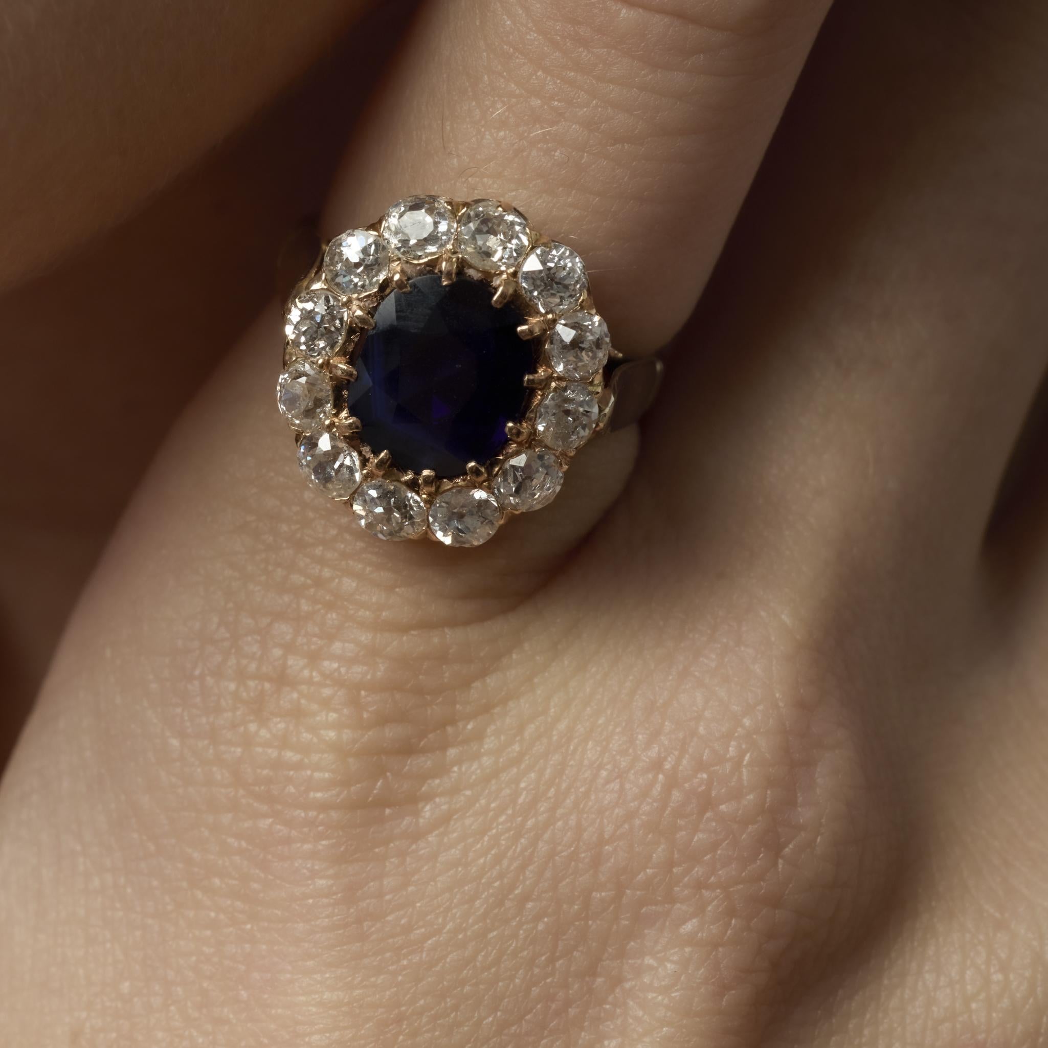 Victorian French GIA 2 carat no heat sapphire diamond 18k yellow gold ring
