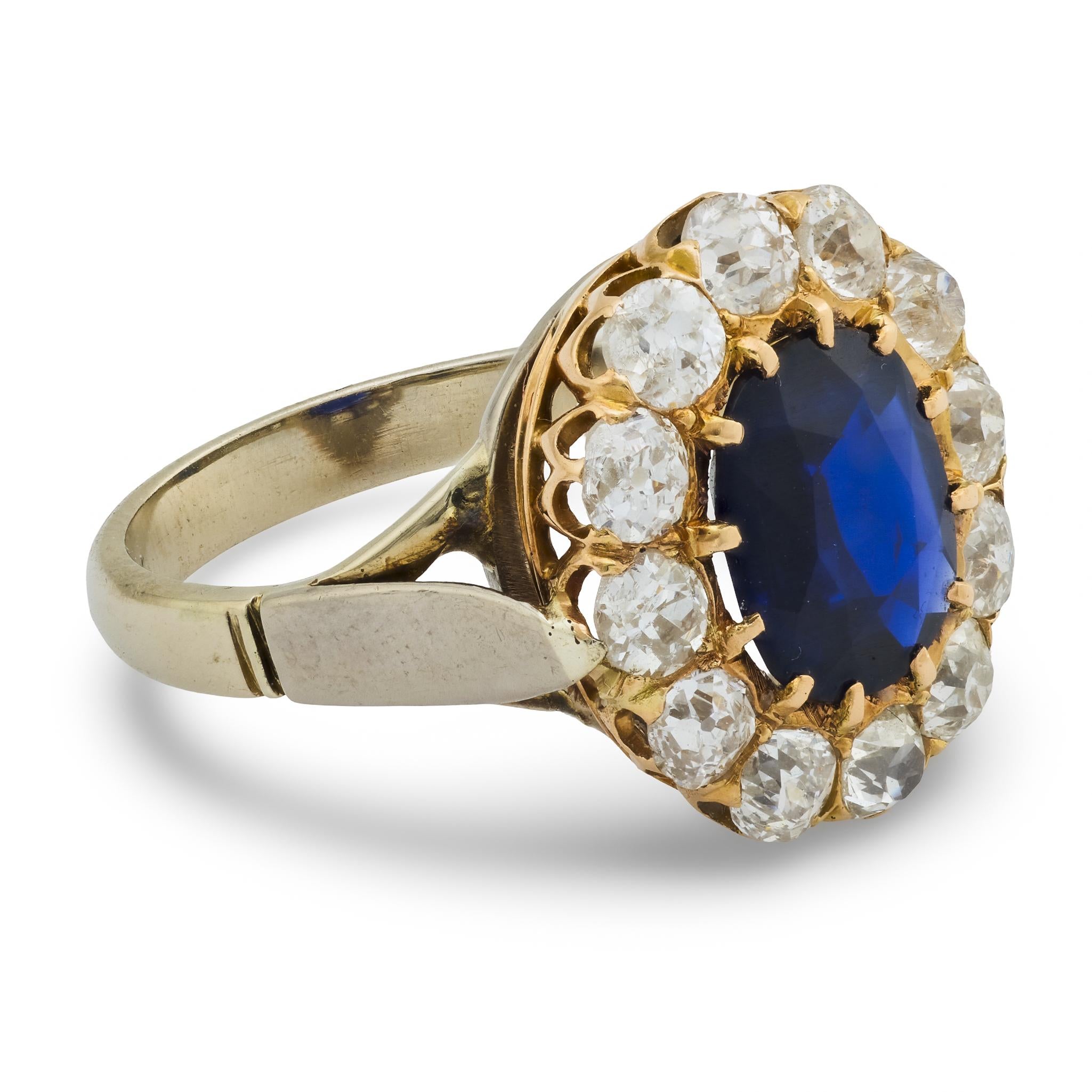 Victorian French GIA 2 carat no heat sapphire diamond 18k yellow gold ring