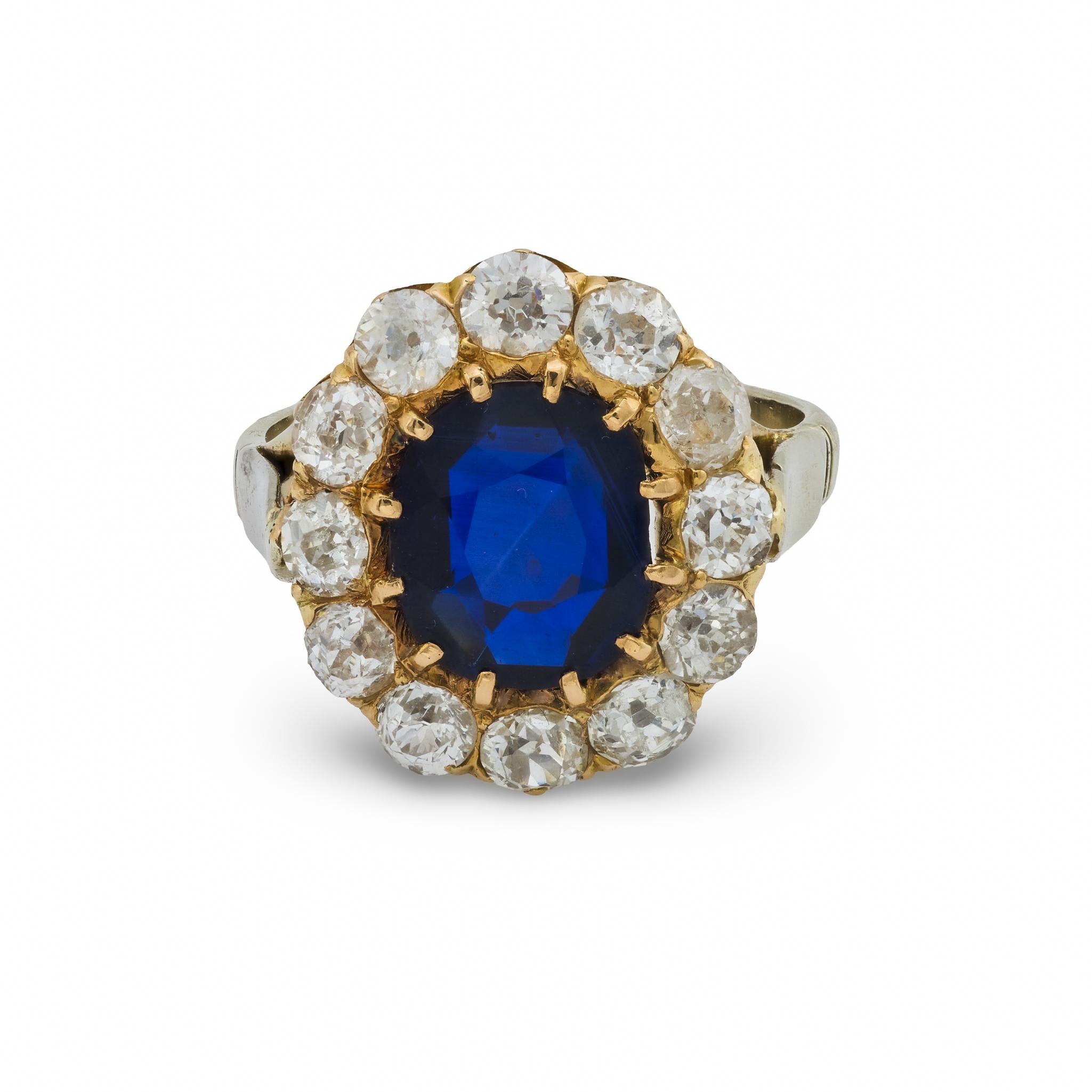 Victorian French GIA 2 carat no heat sapphire diamond 18k yellow gold ring