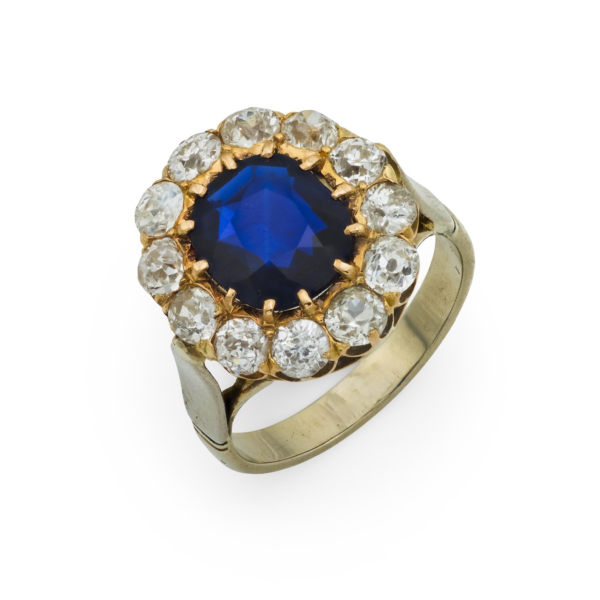 Victorian French GIA 2 carat no heat sapphire diamond 18k yellow gold ring
