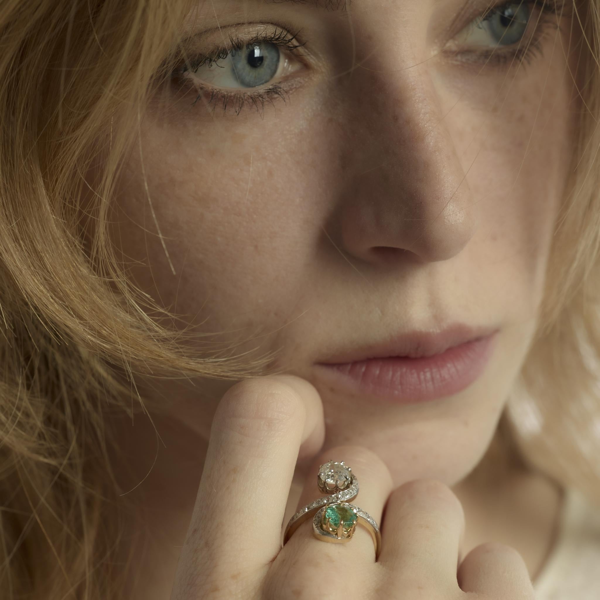 Edwardian diamond emerald 18k yellow gold silver Toi Et Moi ring