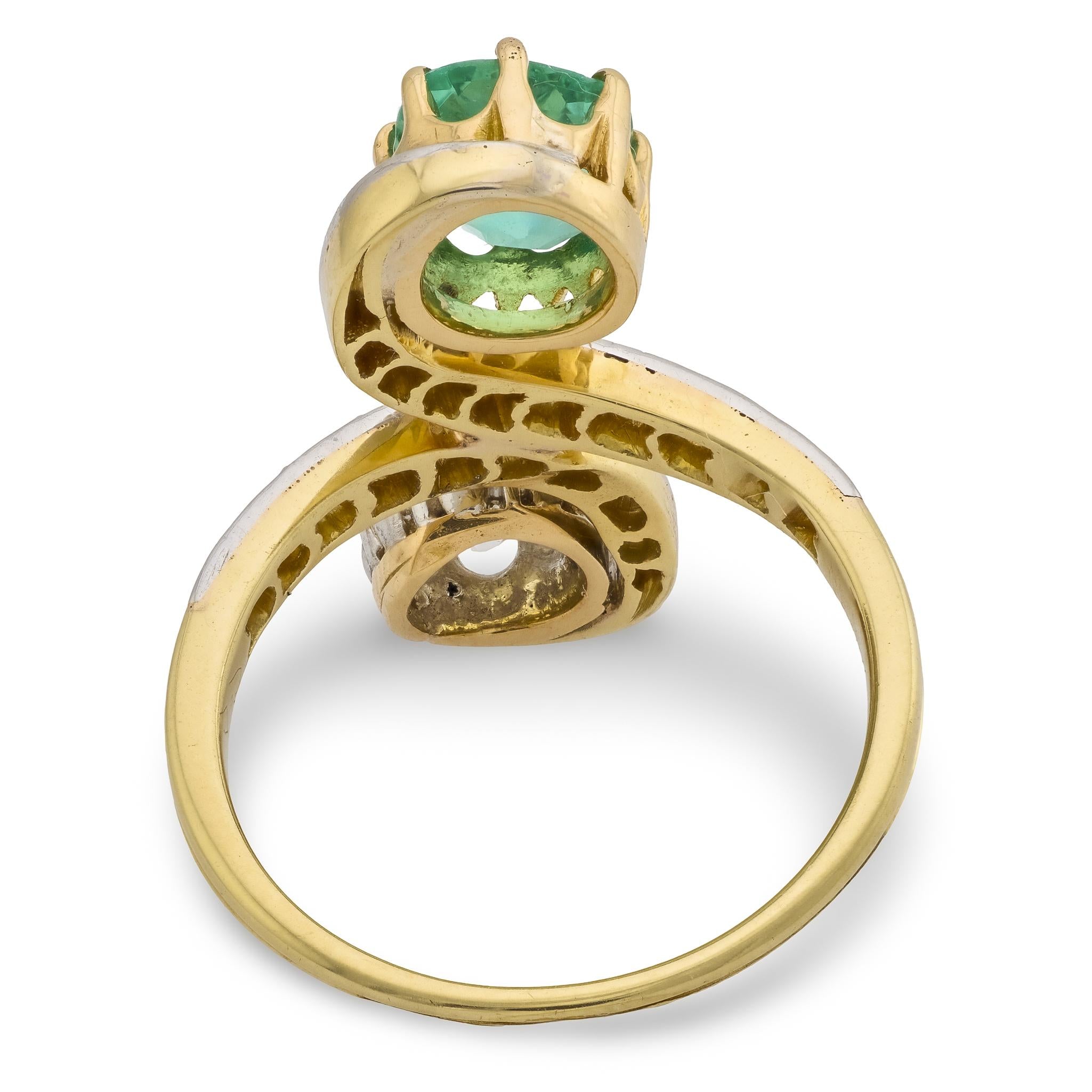 Edwardian diamond emerald 18k yellow gold silver Toi Et Moi ring