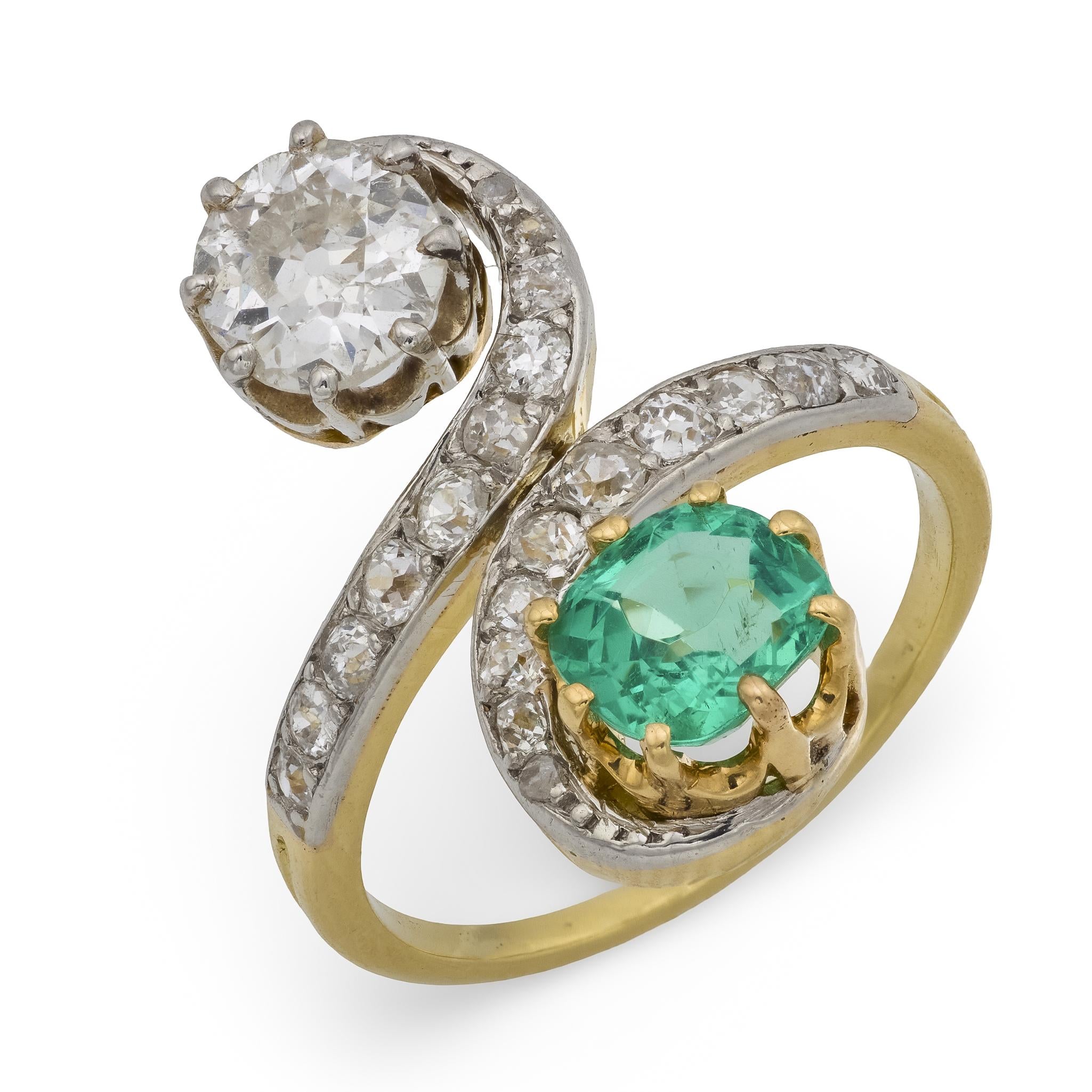 Edwardian diamond emerald 18k yellow gold silver Toi Et Moi ring