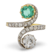 Edwardian diamond emerald 18k yellow gold silver Toi Et Moi ring