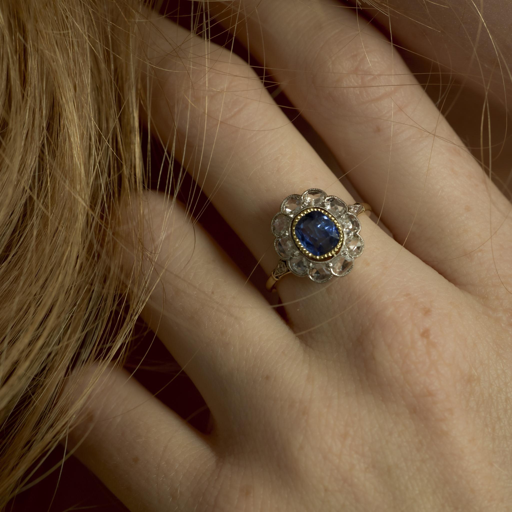 Edwardian 1.25 carat sapphire diamond 18k yellow gold cluster ring