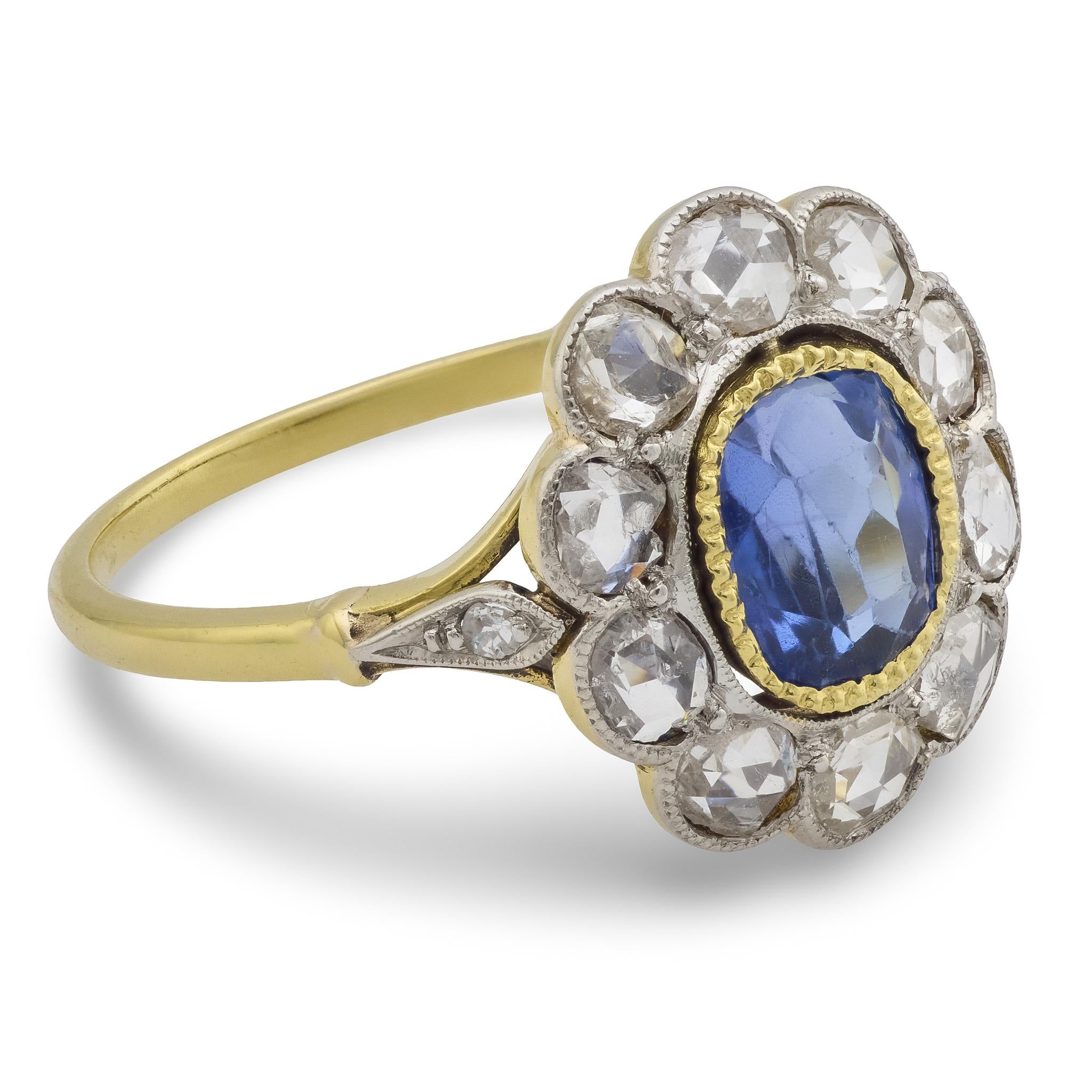 Edwardian 1.25 carat sapphire diamond 18k yellow gold cluster ring