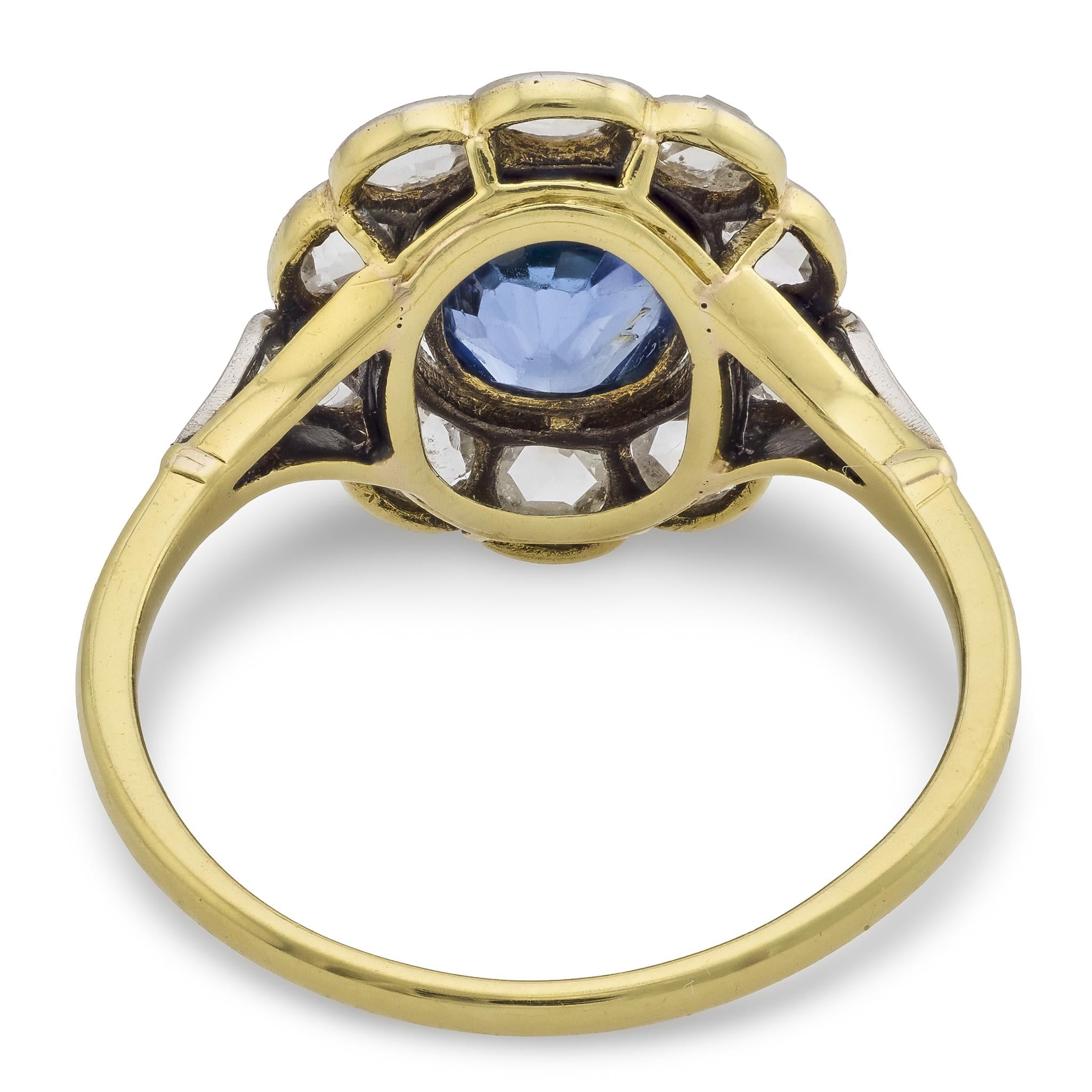 Edwardian 1.25 carat sapphire diamond 18k yellow gold cluster ring