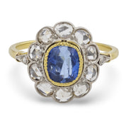 Edwardian 1.25 carat sapphire diamond 18k yellow gold cluster ring