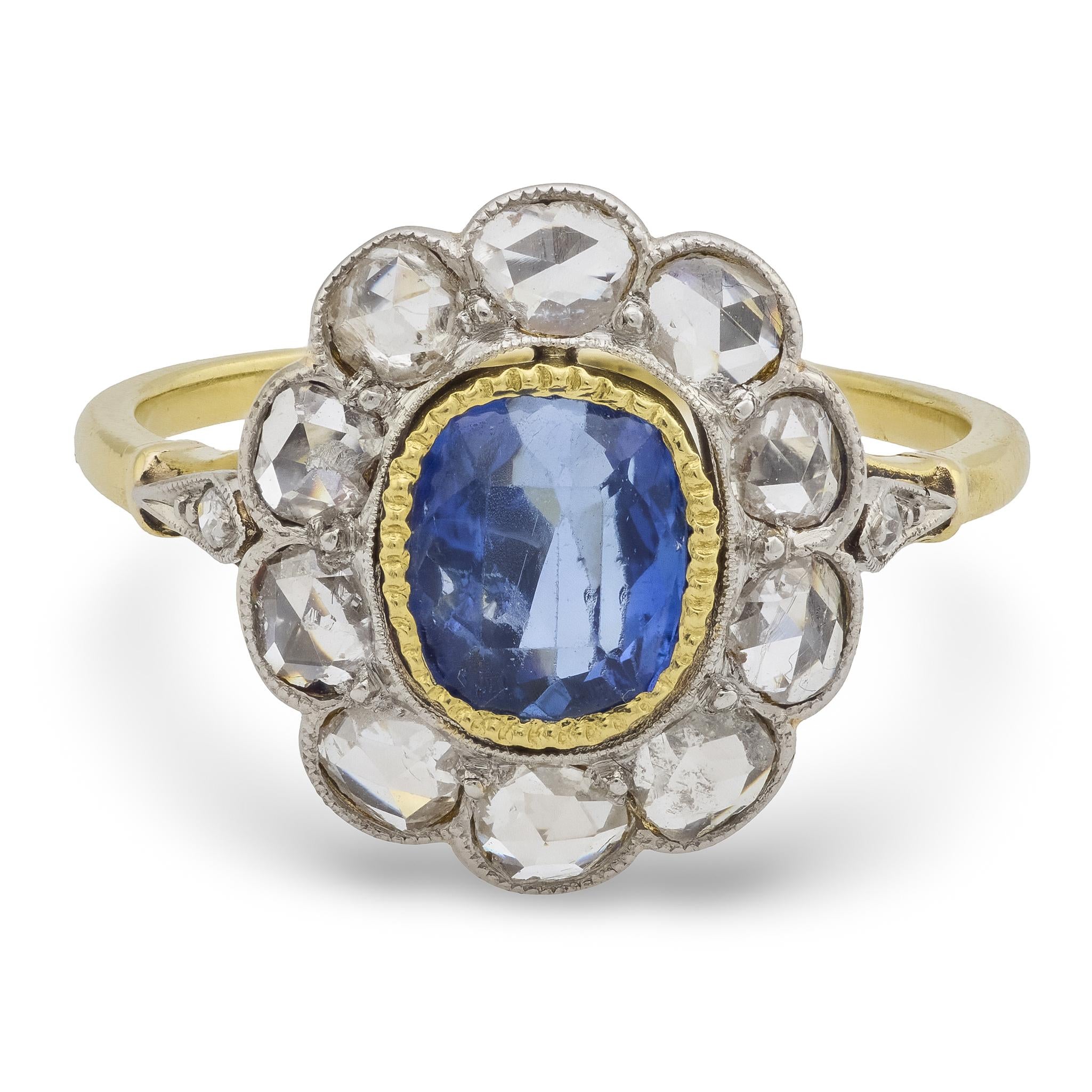 Edwardian 1.25 carat sapphire diamond 18k yellow gold cluster ring