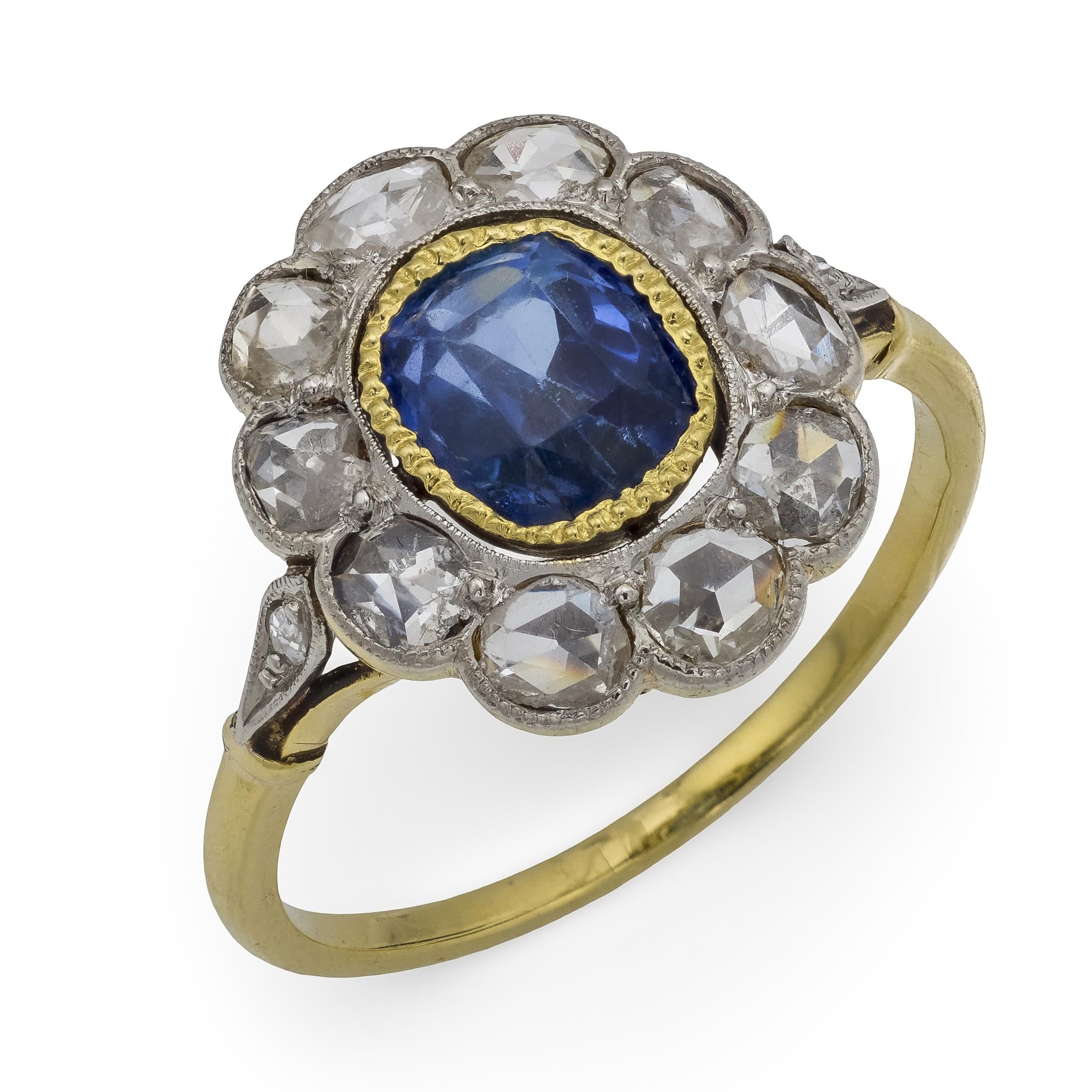 Edwardian 1.25 carat sapphire diamond 18k yellow gold cluster ring