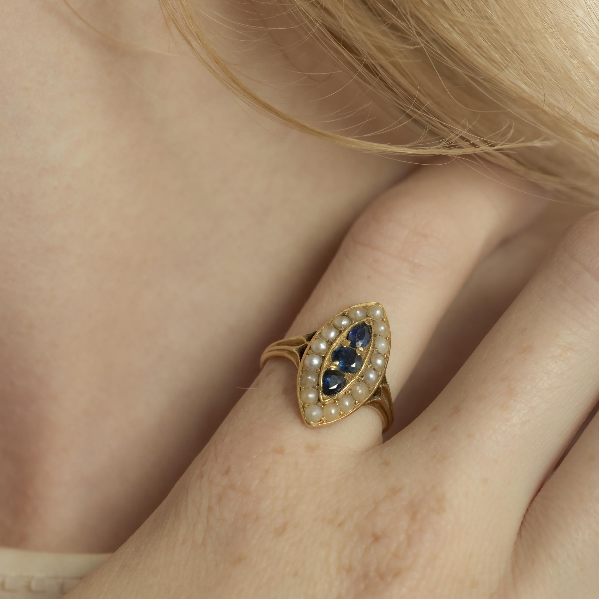 Victorian sapphire seed pearl 18k yellow gold navette ring