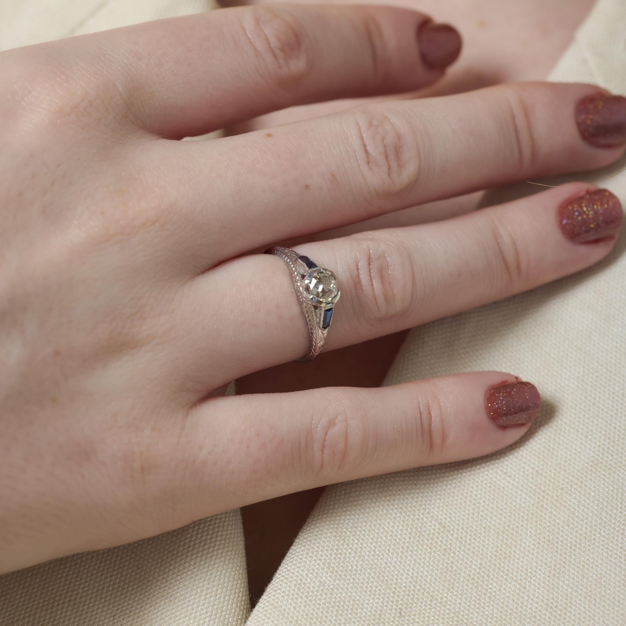 Art Deco diamond sapphire platinum engagement ring
