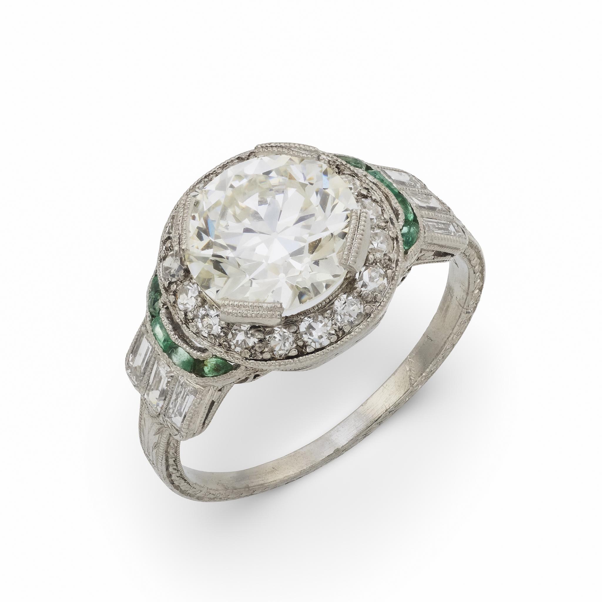 Art Deco GIA 2.06 carat diamond emerald platinum engagement ring