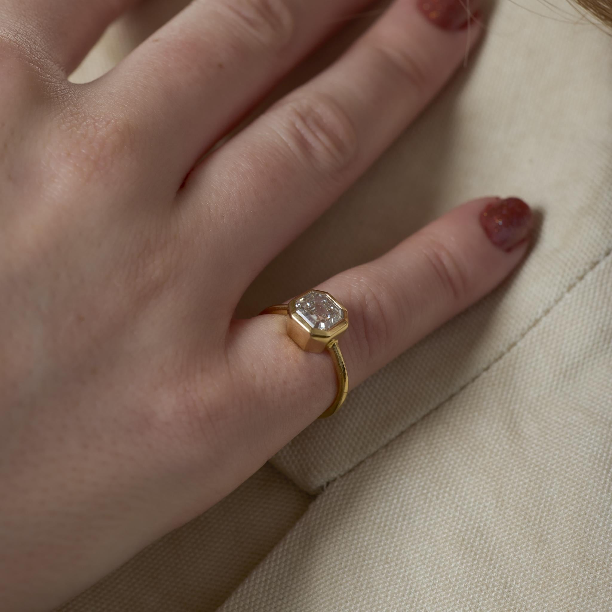 GIA 2.03 carat square emerald cut diamond 18k yellow gold bezel engagement ring