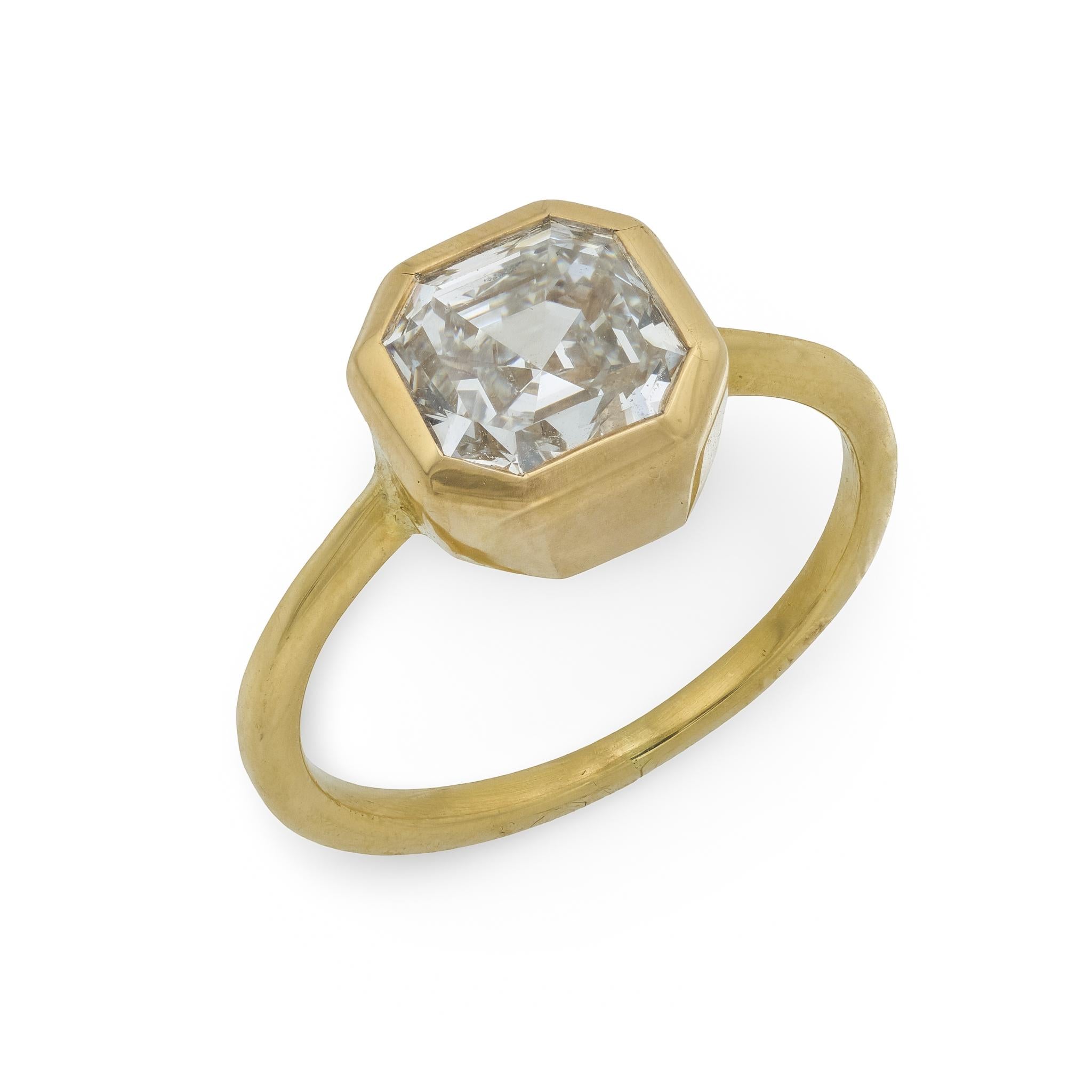 GIA 2.03 carat square emerald cut diamond 18k yellow gold bezel engagement ring