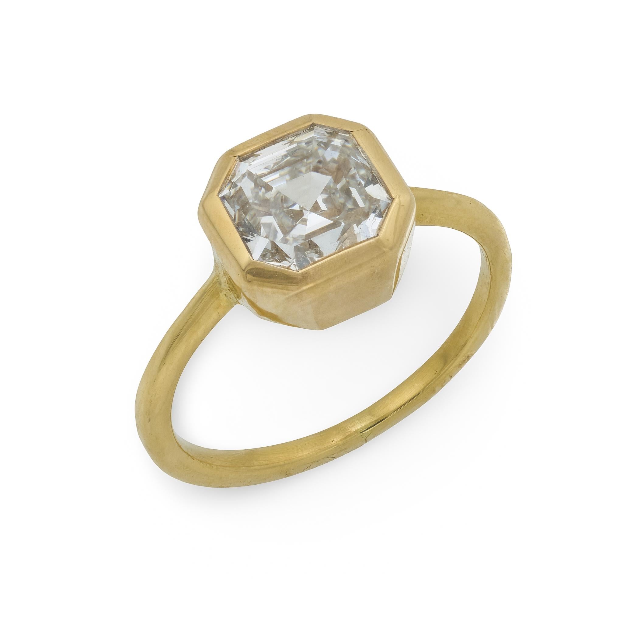 GIA 2.03 carat square emerald cut diamond 18k yellow gold bezel engagement ring