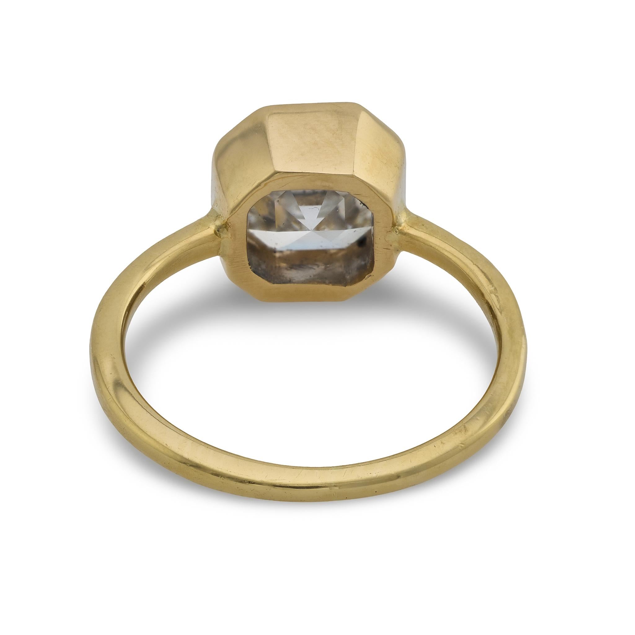 GIA 2.03 carat square emerald cut diamond 18k yellow gold bezel engagement ring