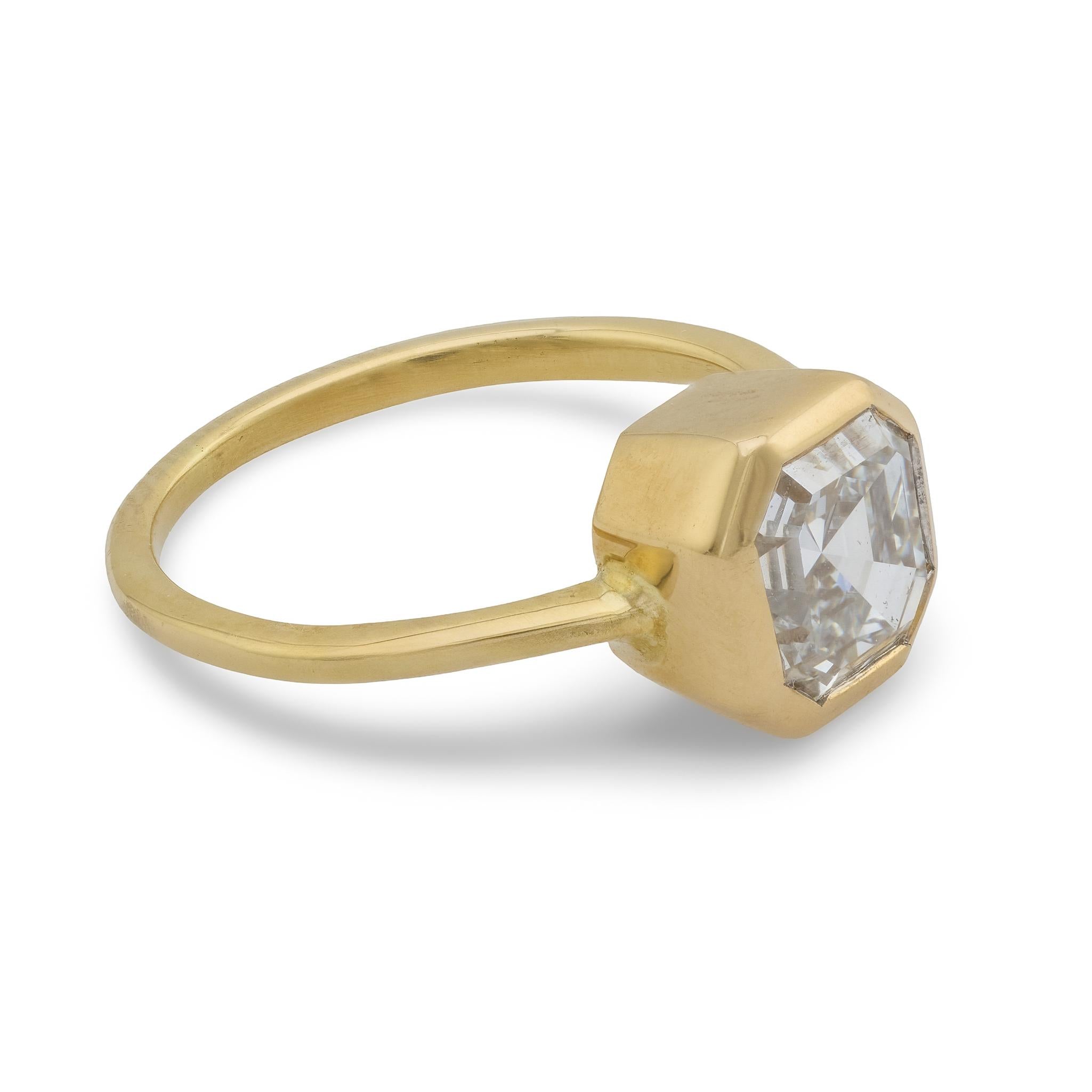 GIA 2.03 carat square emerald cut diamond 18k yellow gold bezel engagement ring