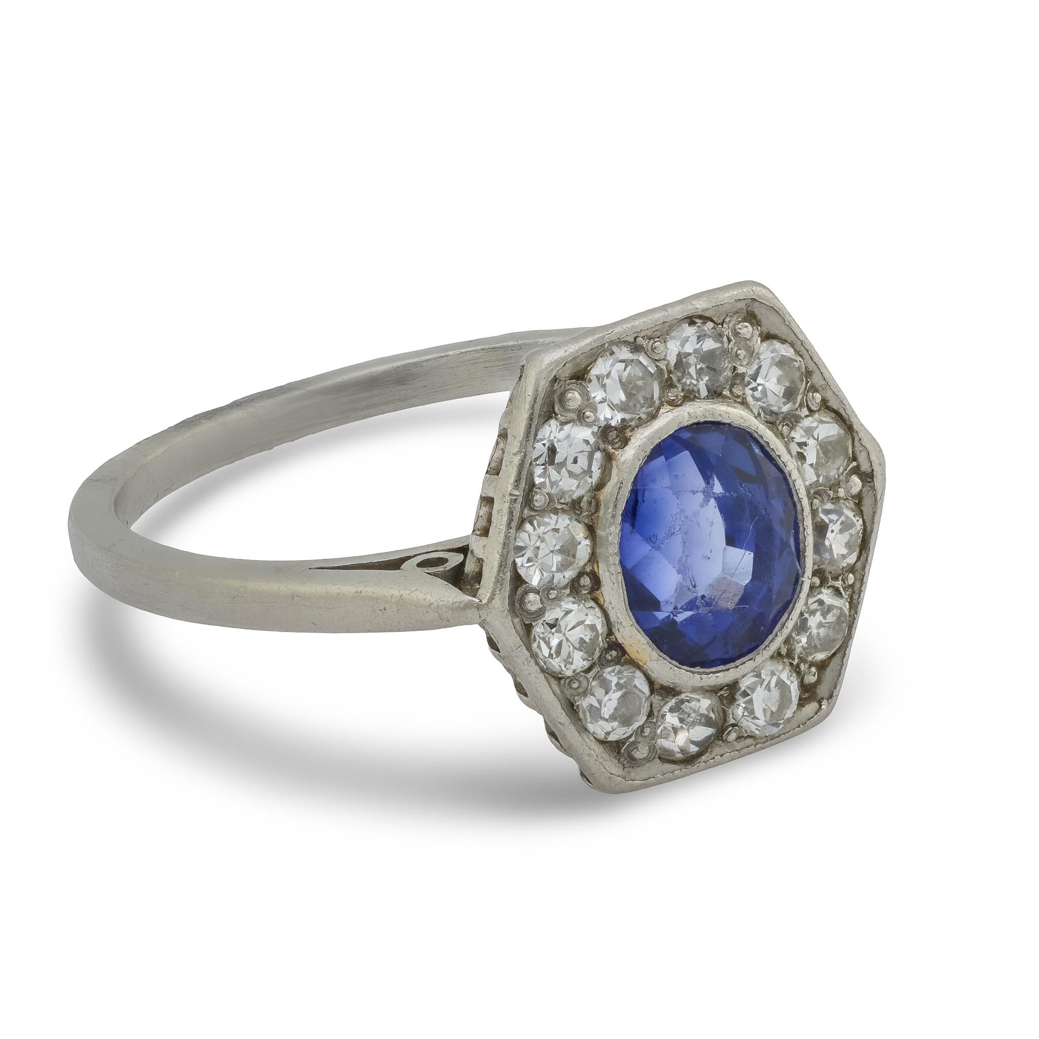 Art Deco 1.40 carat sapphire diamond platinum cluster ring
