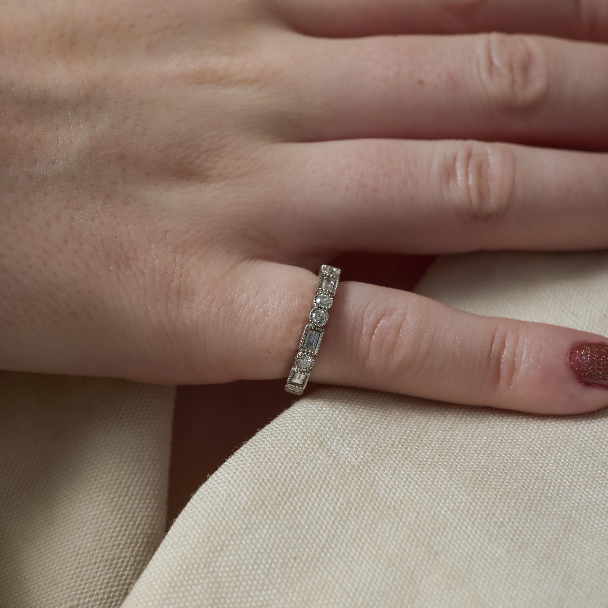 Vintage 1.35 carat round and baguette diamond 14k white gold eternity band