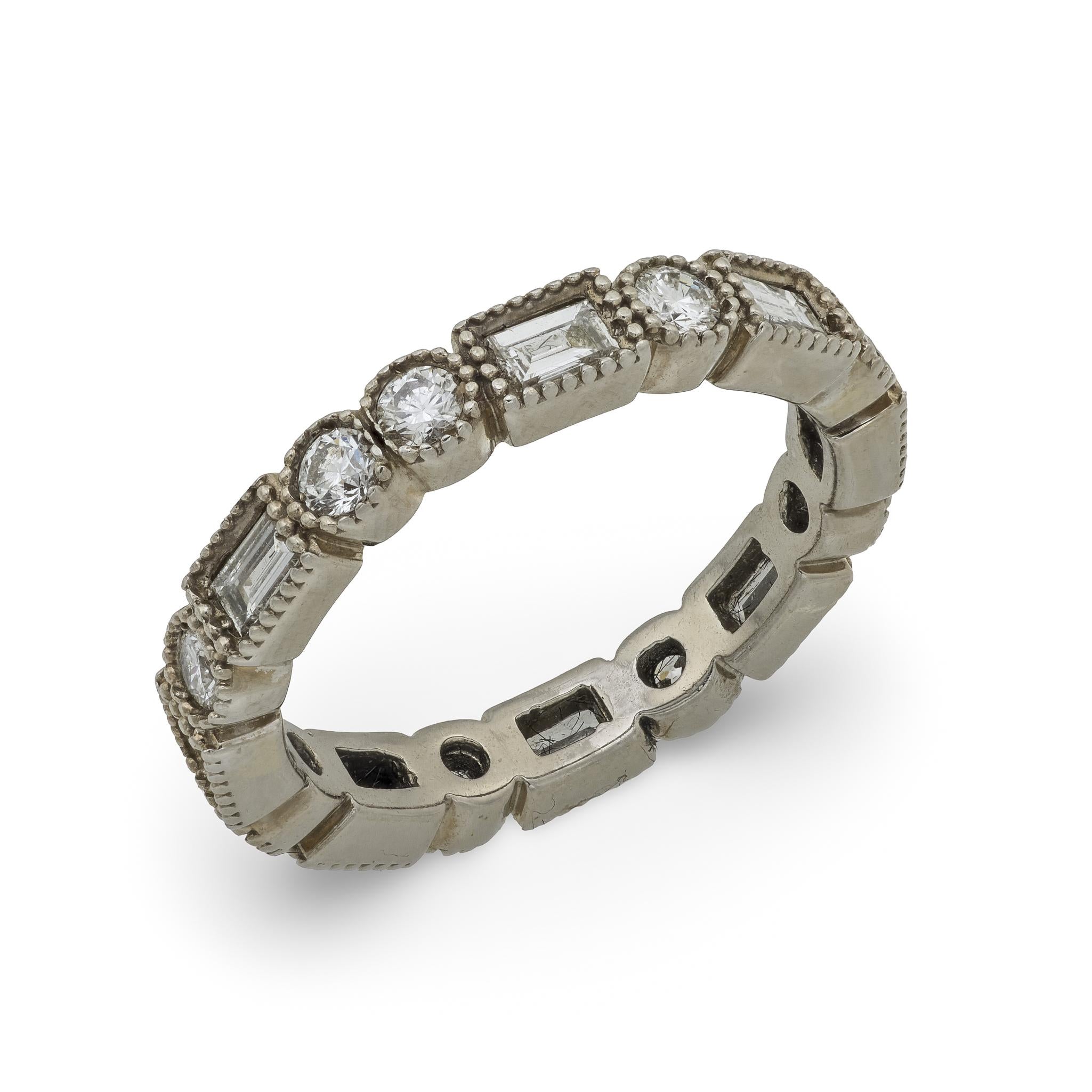 Vintage 1.35 carat round and baguette diamond 14k white gold eternity band
