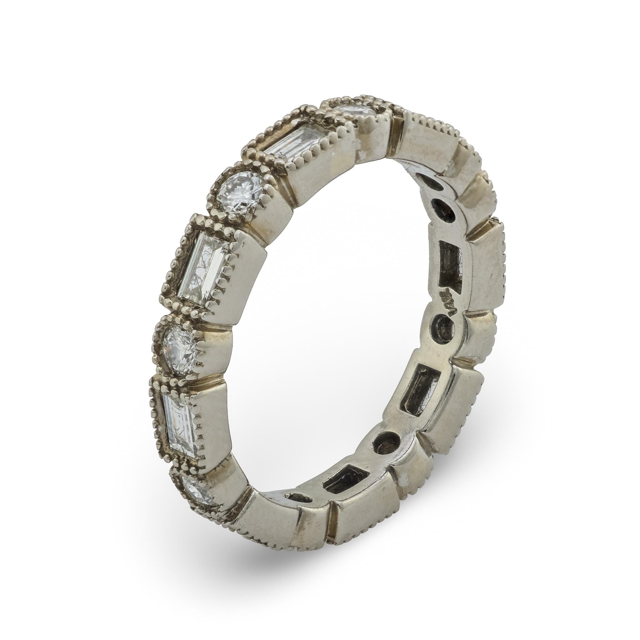Vintage 1.35 carat round and baguette diamond 14k white gold eternity band