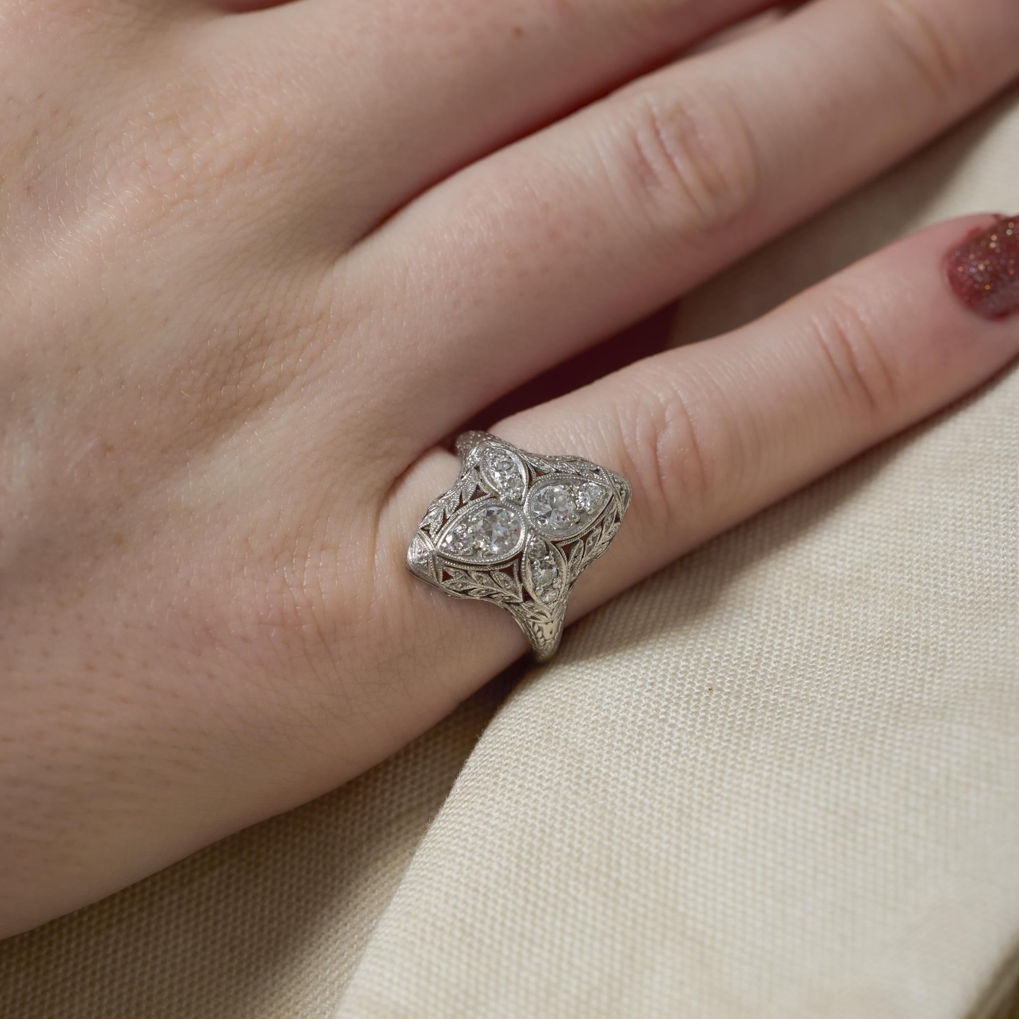 Art Deco diamond platinum navette ring