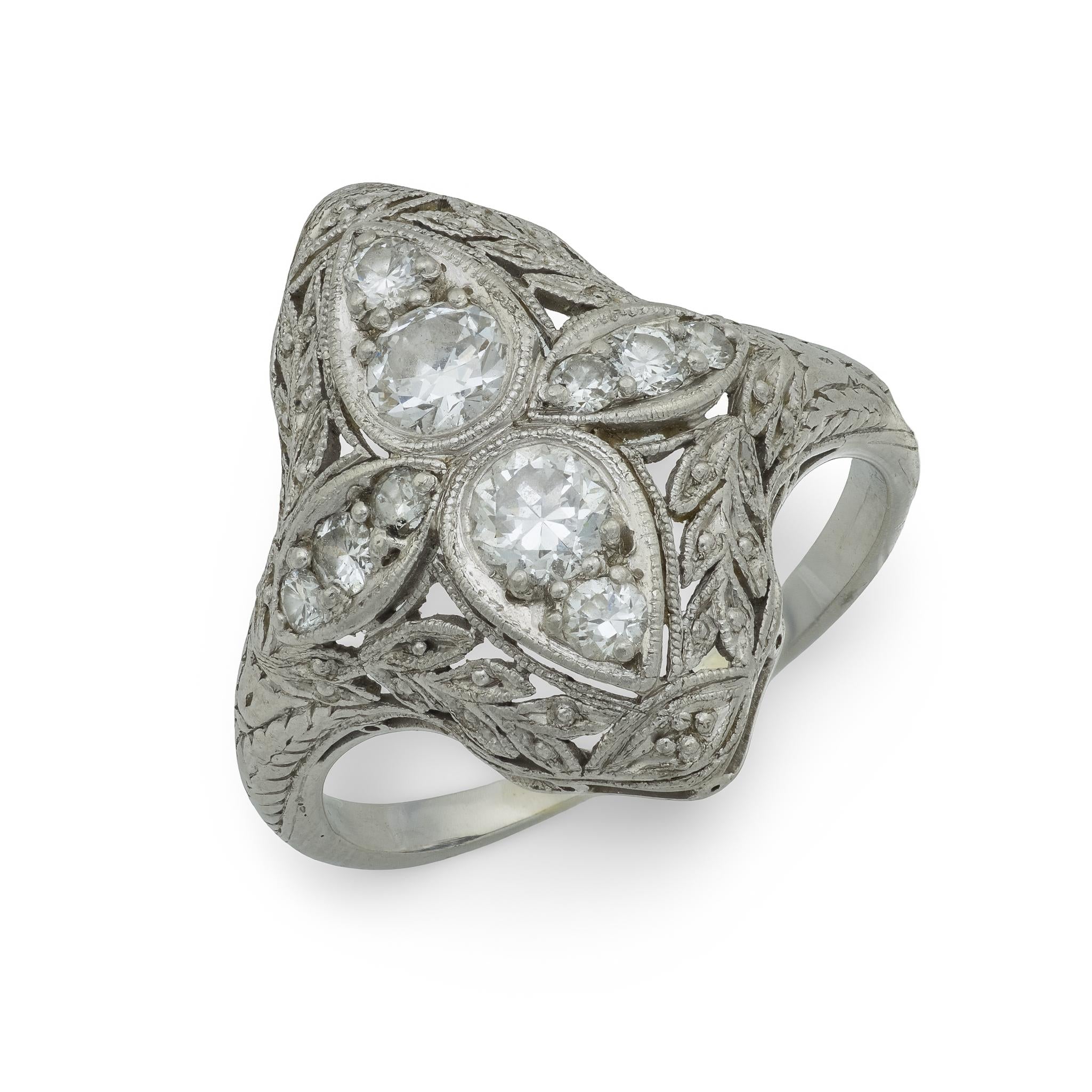 Art Deco diamond platinum navette ring