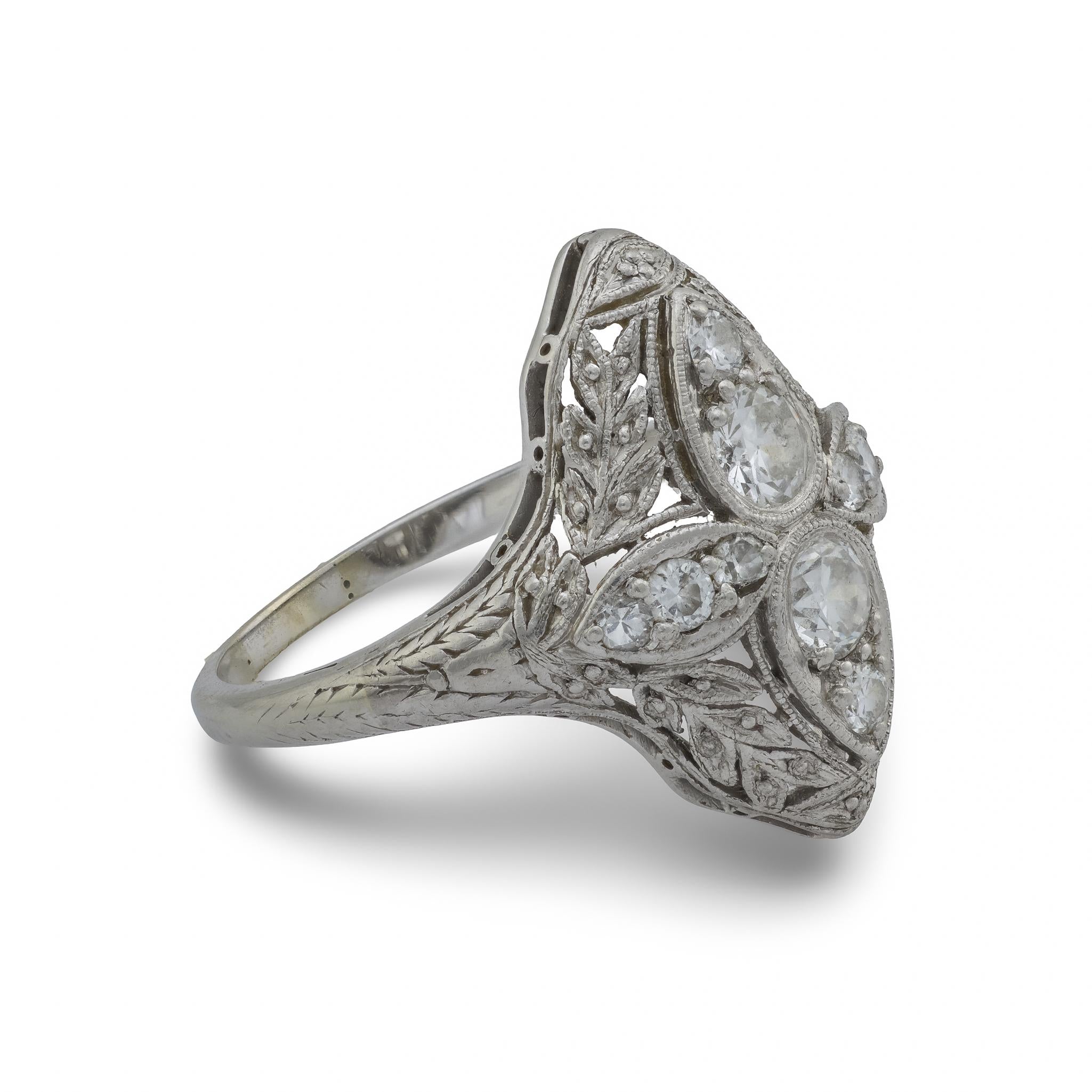 Art Deco diamond platinum navette ring