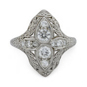 Art Deco diamond platinum navette ring