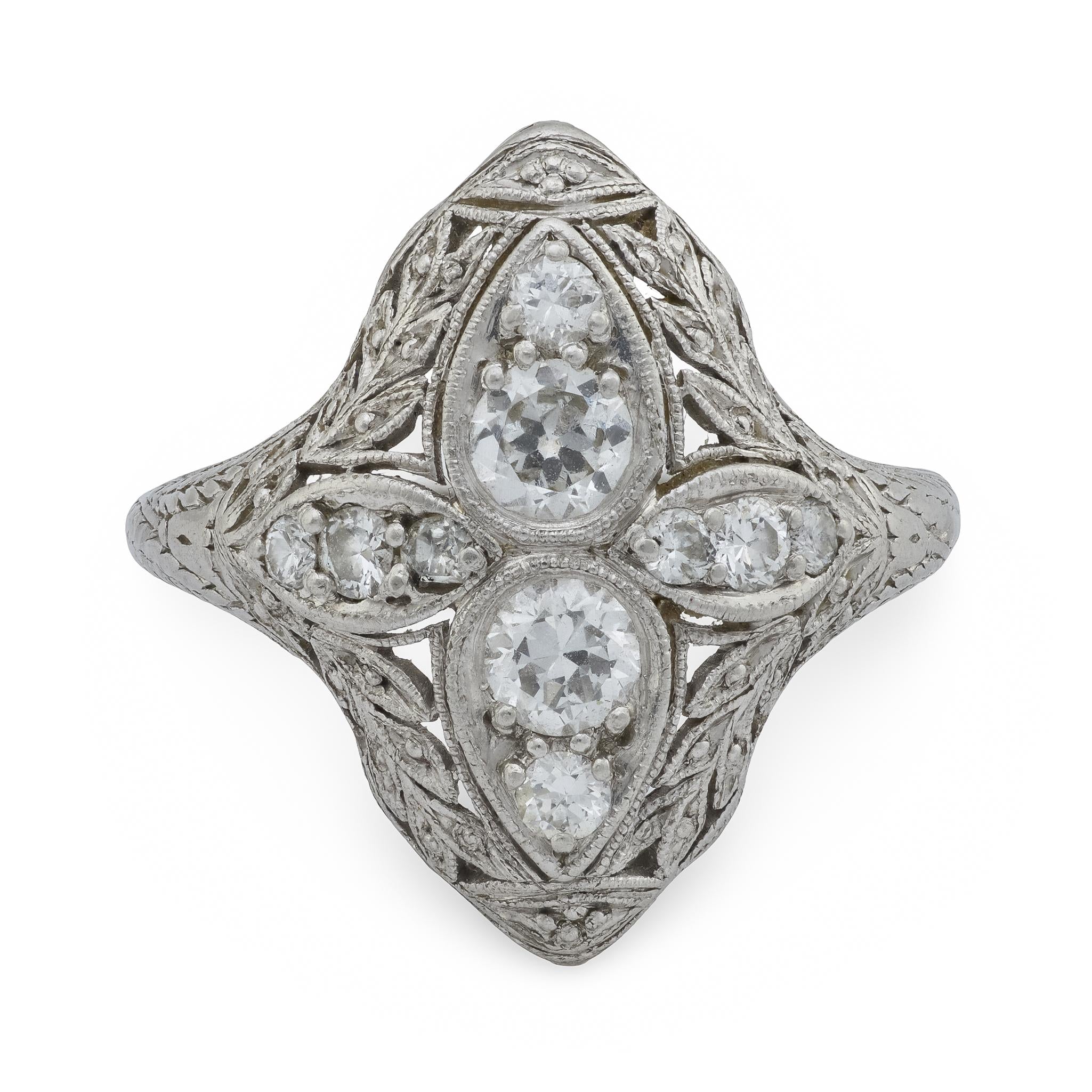 Art Deco diamond platinum navette ring