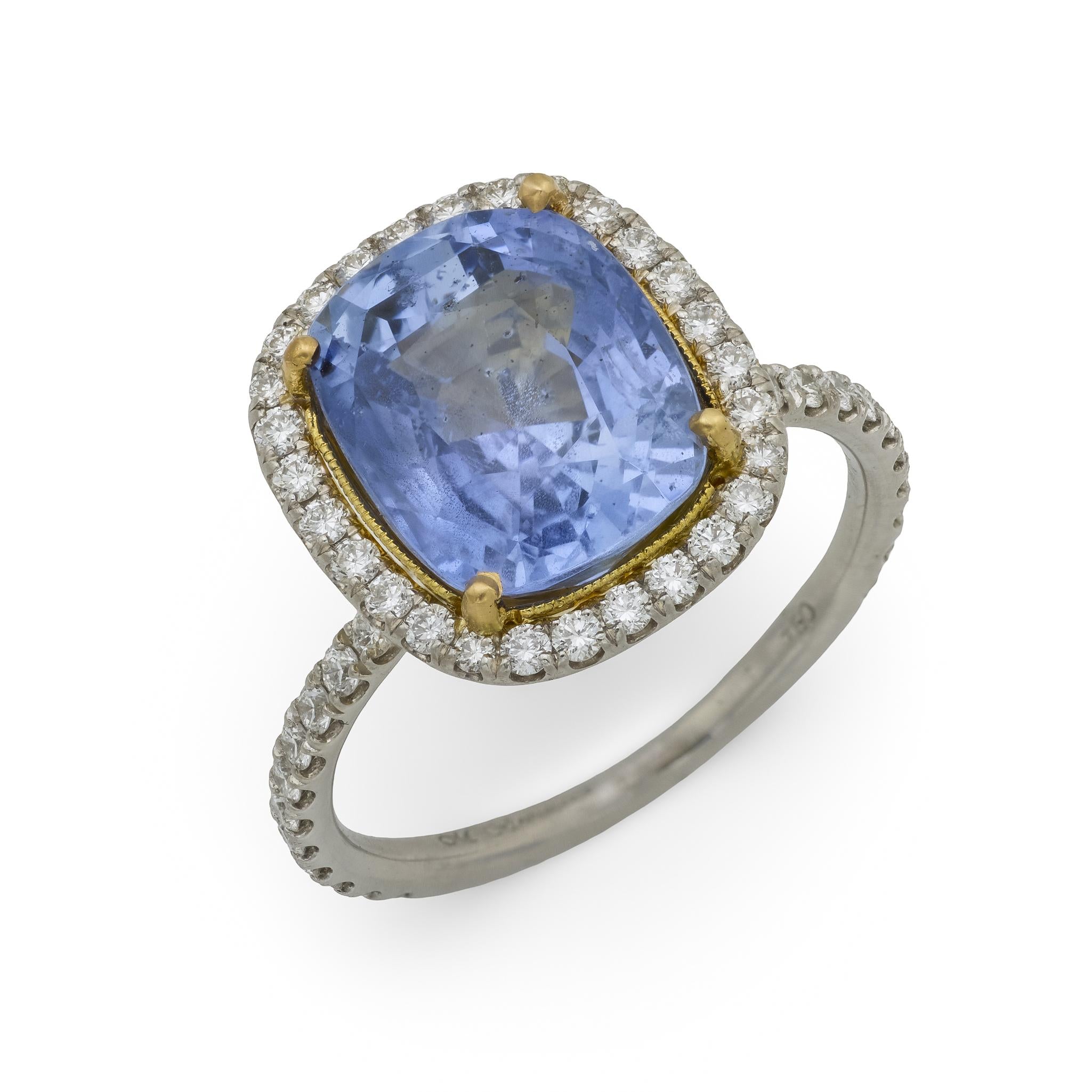 GIA 5.92 carat Ceylon no heat sapphire diamond platinum 18k yellow gold ring