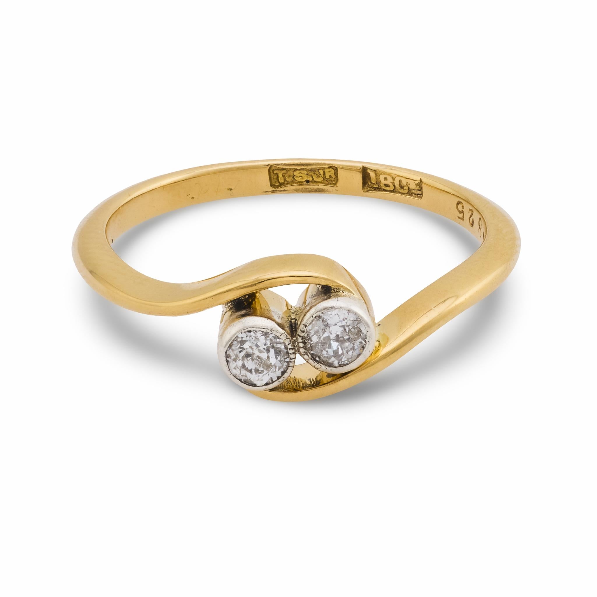 Victorian .20 carat old European cut diamond 18k yellow gold two stone ring