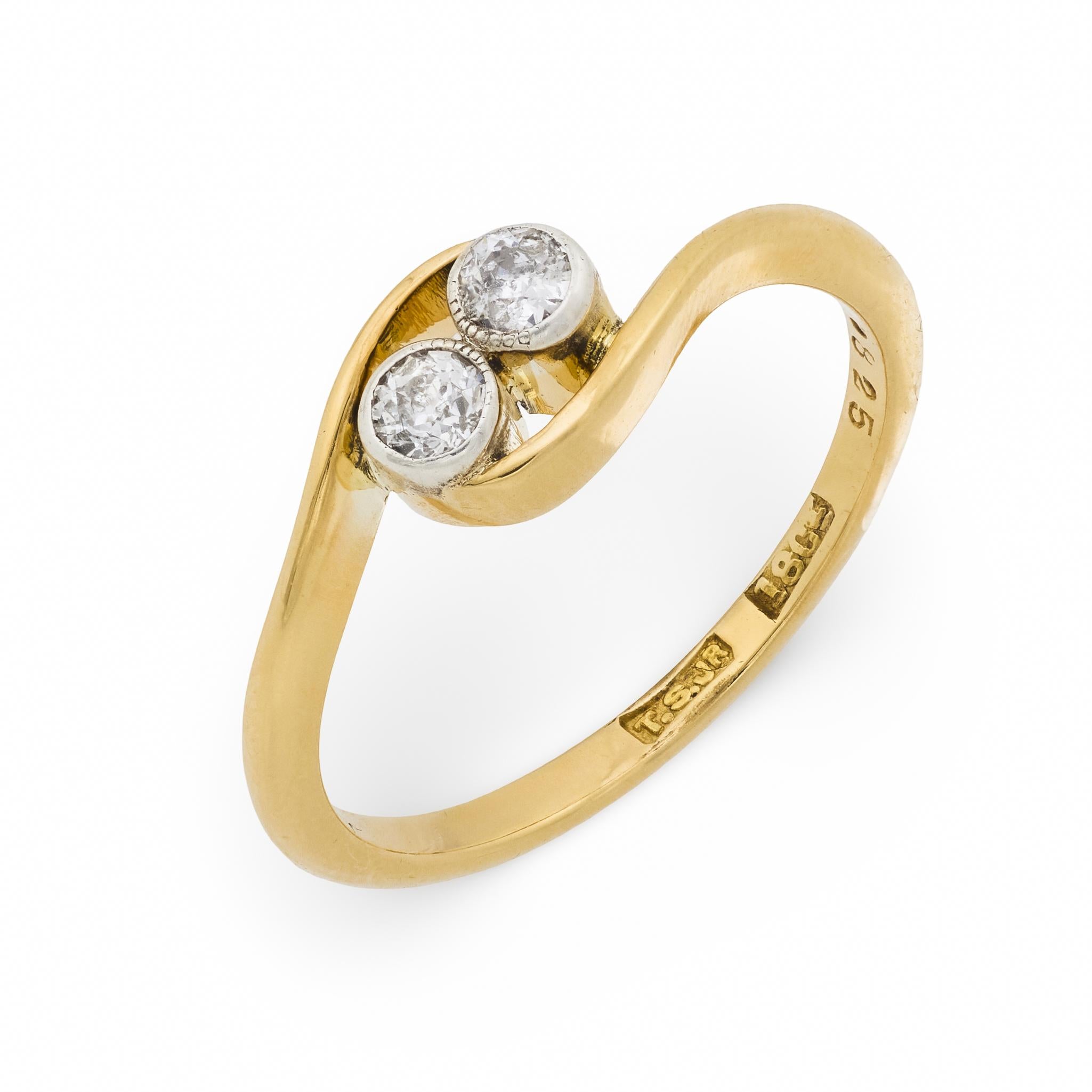 Victorian .20 carat old European cut diamond 18k yellow gold two stone ring
