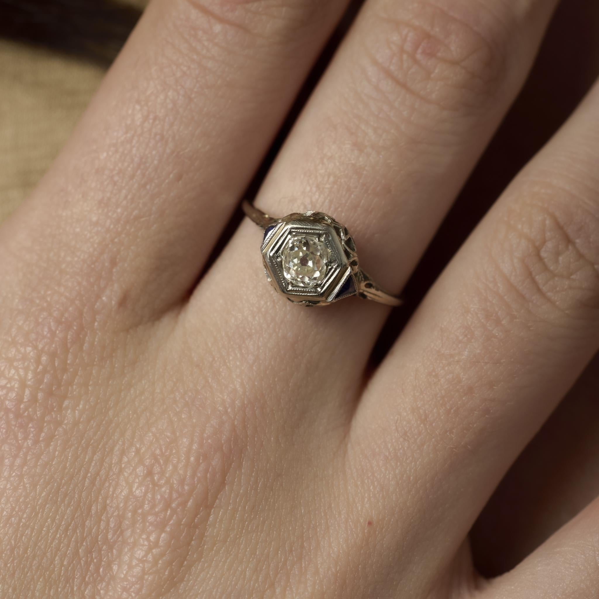 Art Deco old mine cut diamond sapphire 18k white gold engagement ring