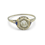 Art Deco old mine cut diamond sapphire 18k white gold engagement ring