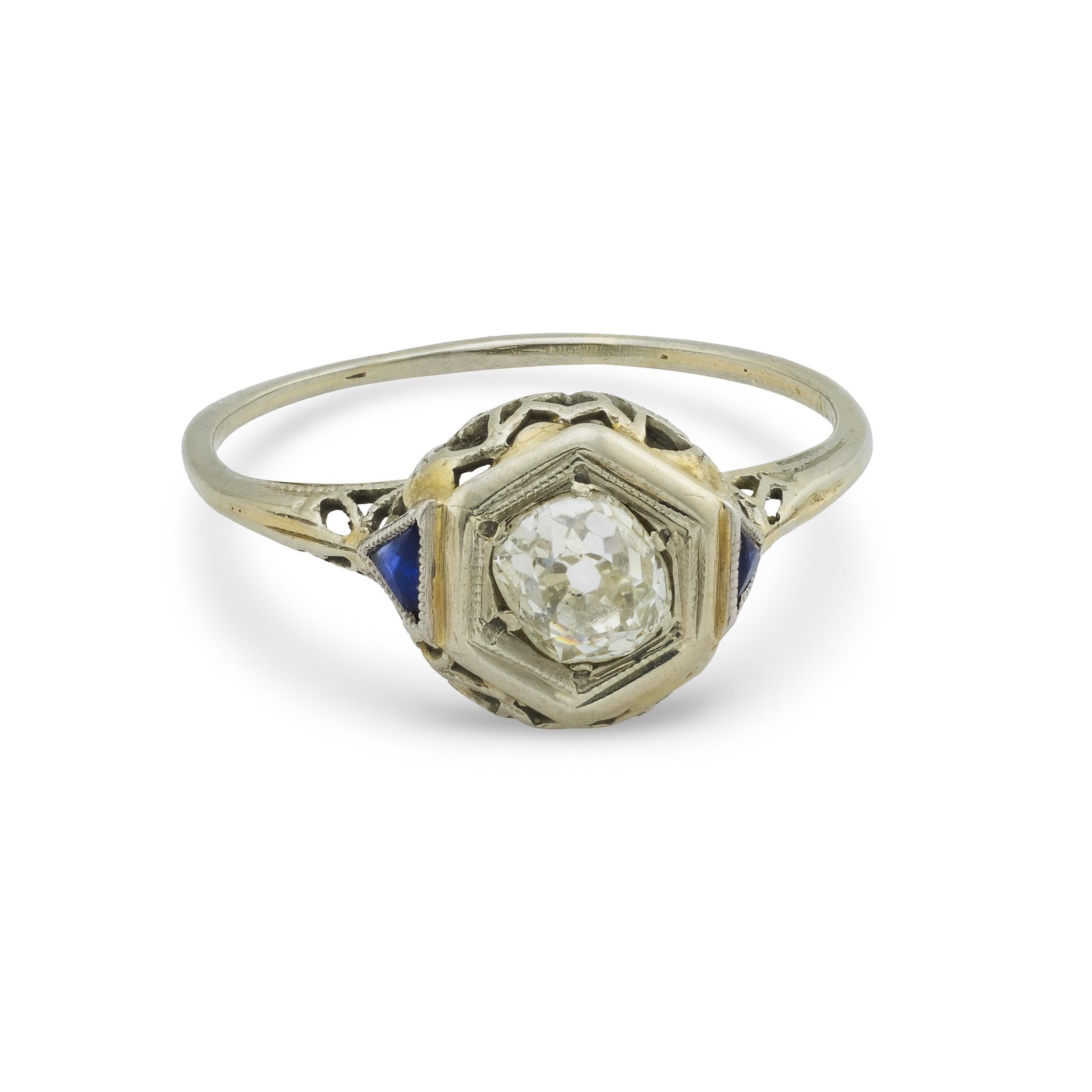 Art Deco old mine cut diamond sapphire 18k white gold engagement ring