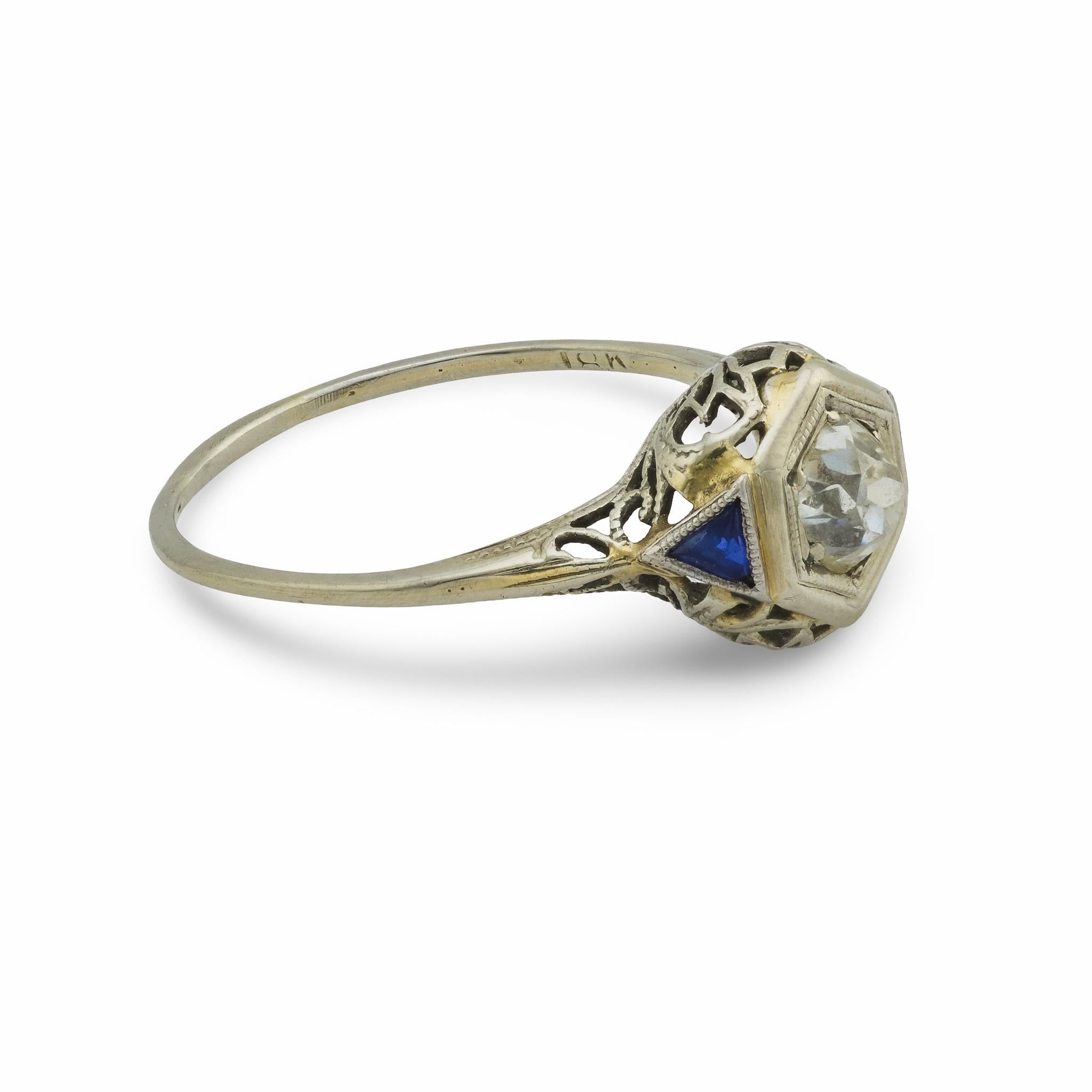 Art Deco old mine cut diamond sapphire 18k white gold engagement ring