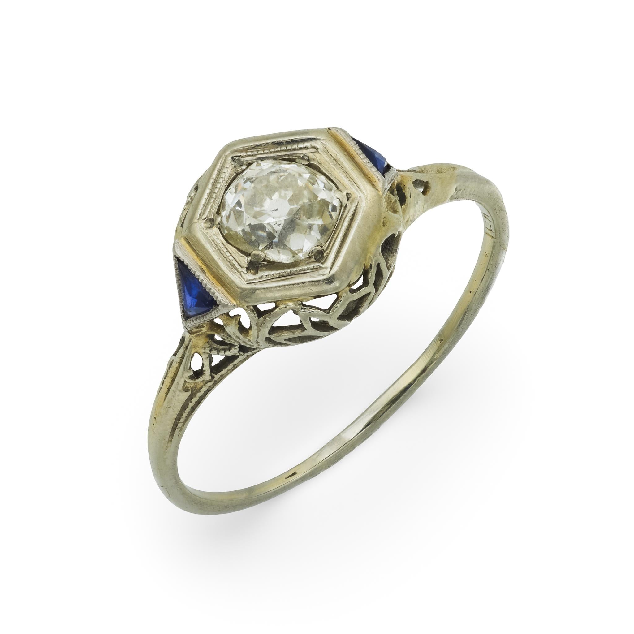 Art Deco old mine cut diamond sapphire 18k white gold engagement ring