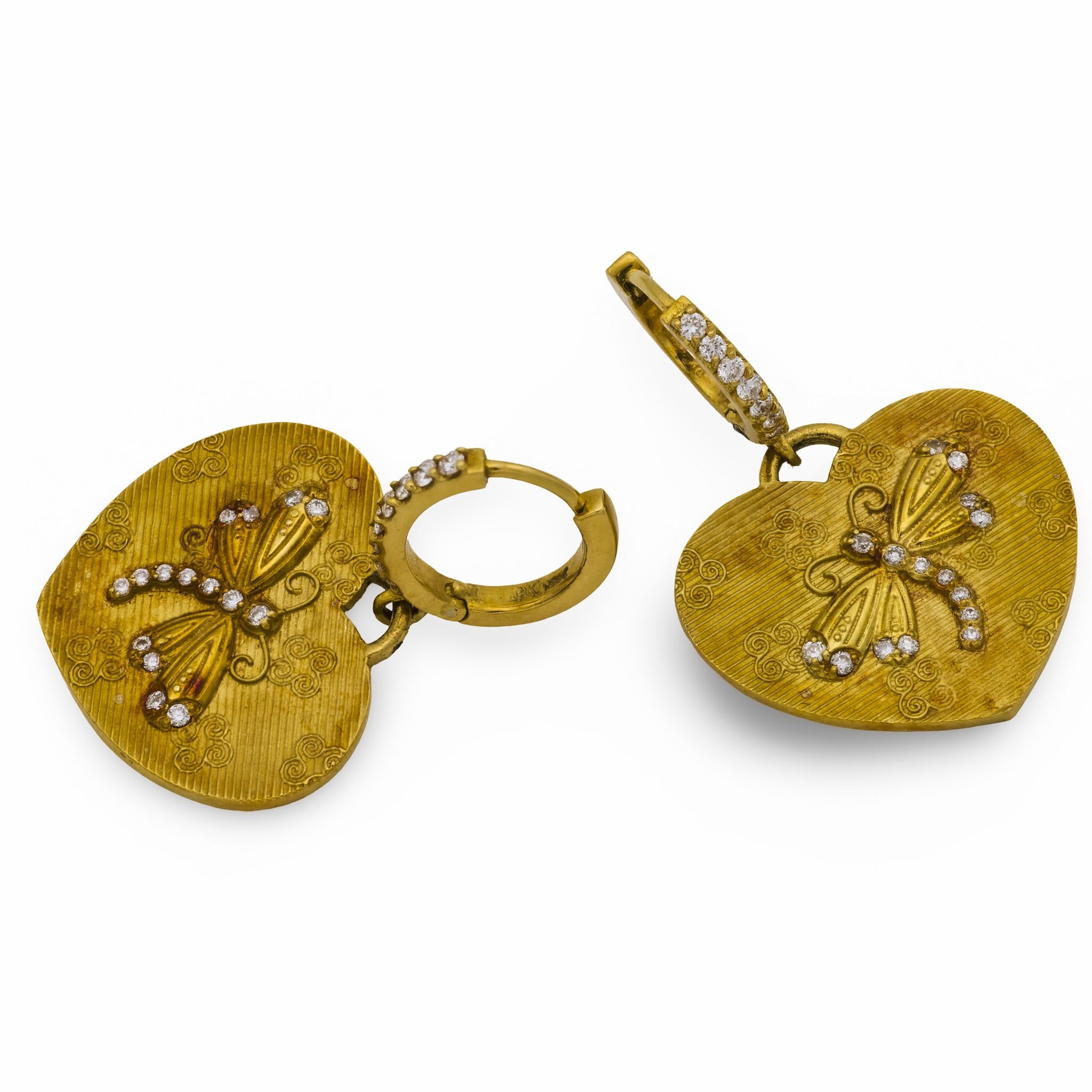 Barry Kronen diamond 18k yellow gold dragonfly heart earrings