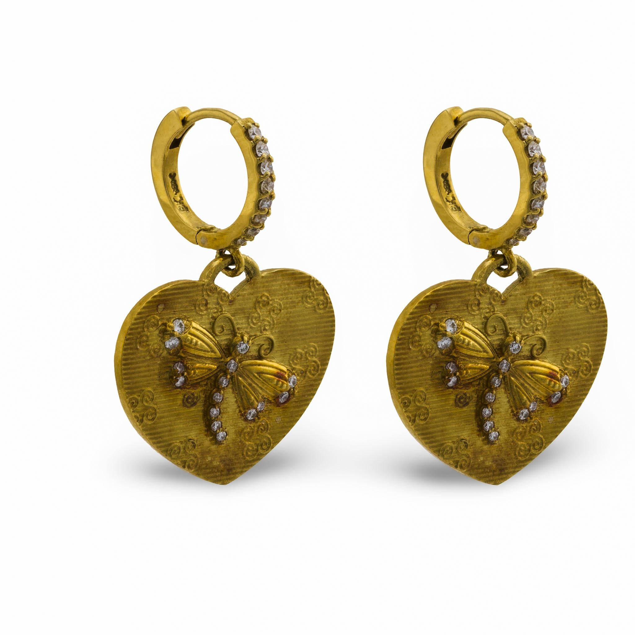 Barry Kronen diamond 18k yellow gold dragonfly heart earrings