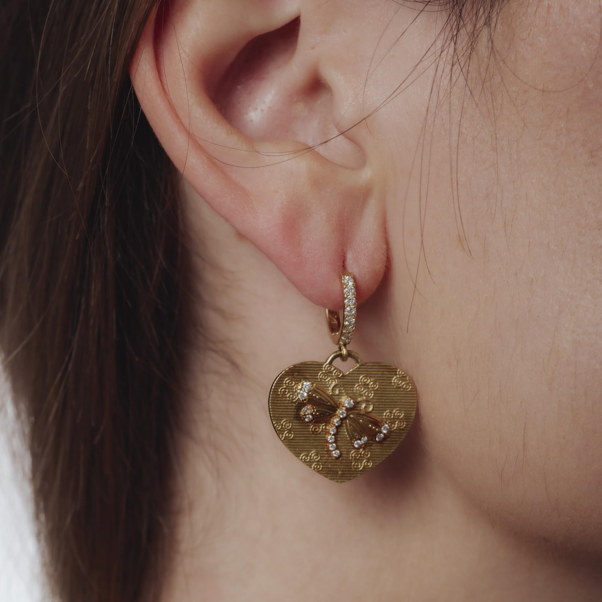 Barry Kronen diamond 18k yellow gold dragonfly heart earrings
