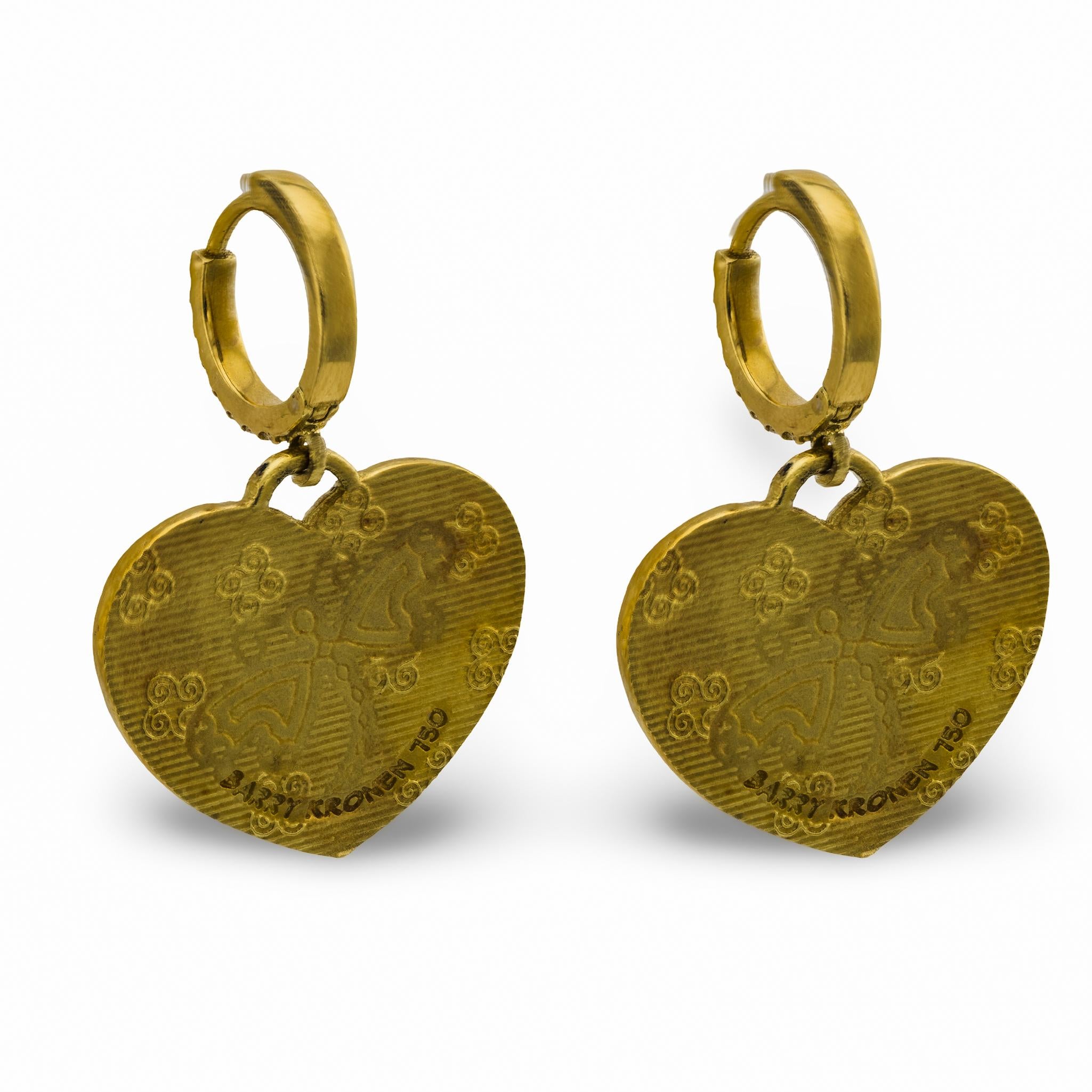 Barry Kronen diamond 18k yellow gold dragonfly heart earrings