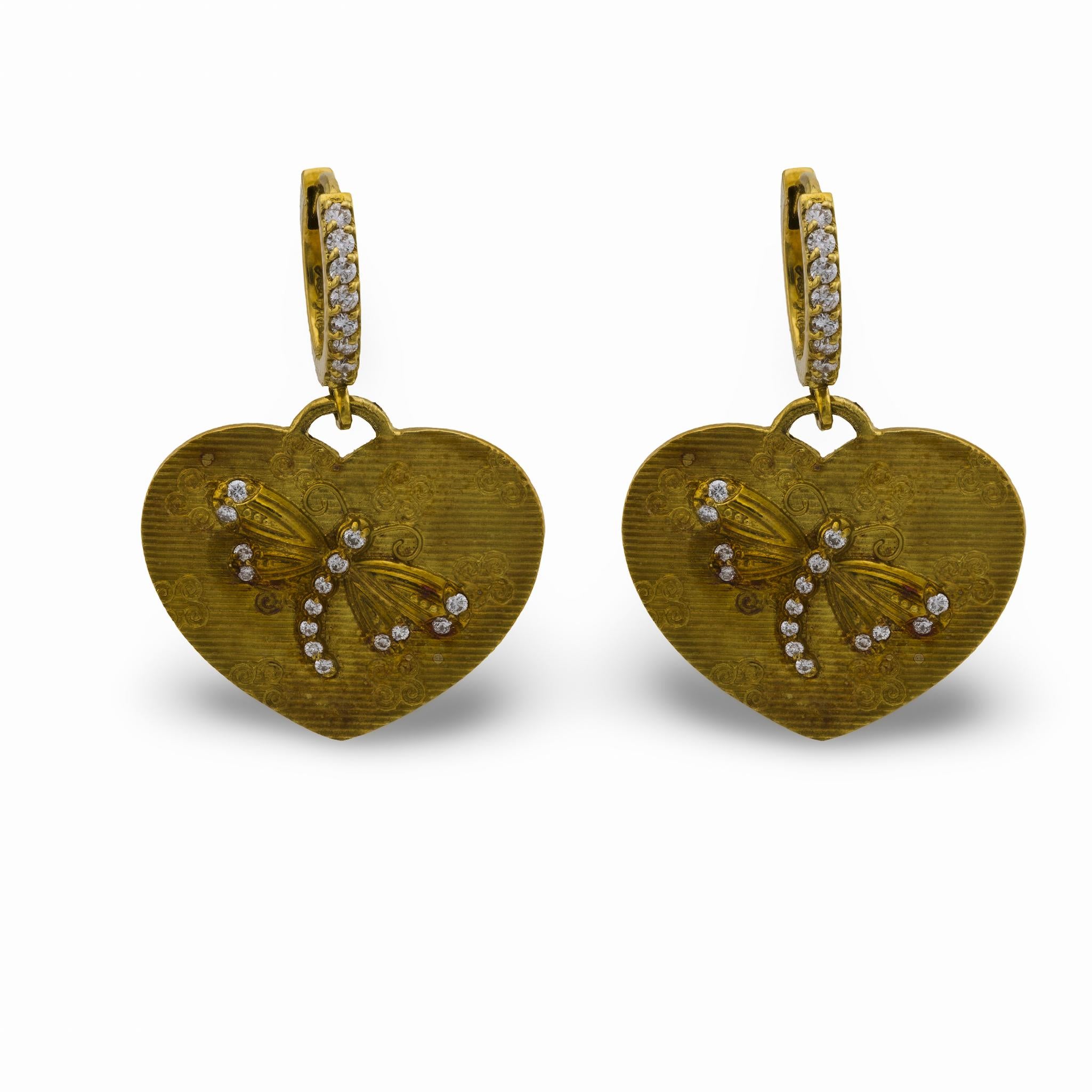 Barry Kronen diamond 18k yellow gold dragonfly heart earrings