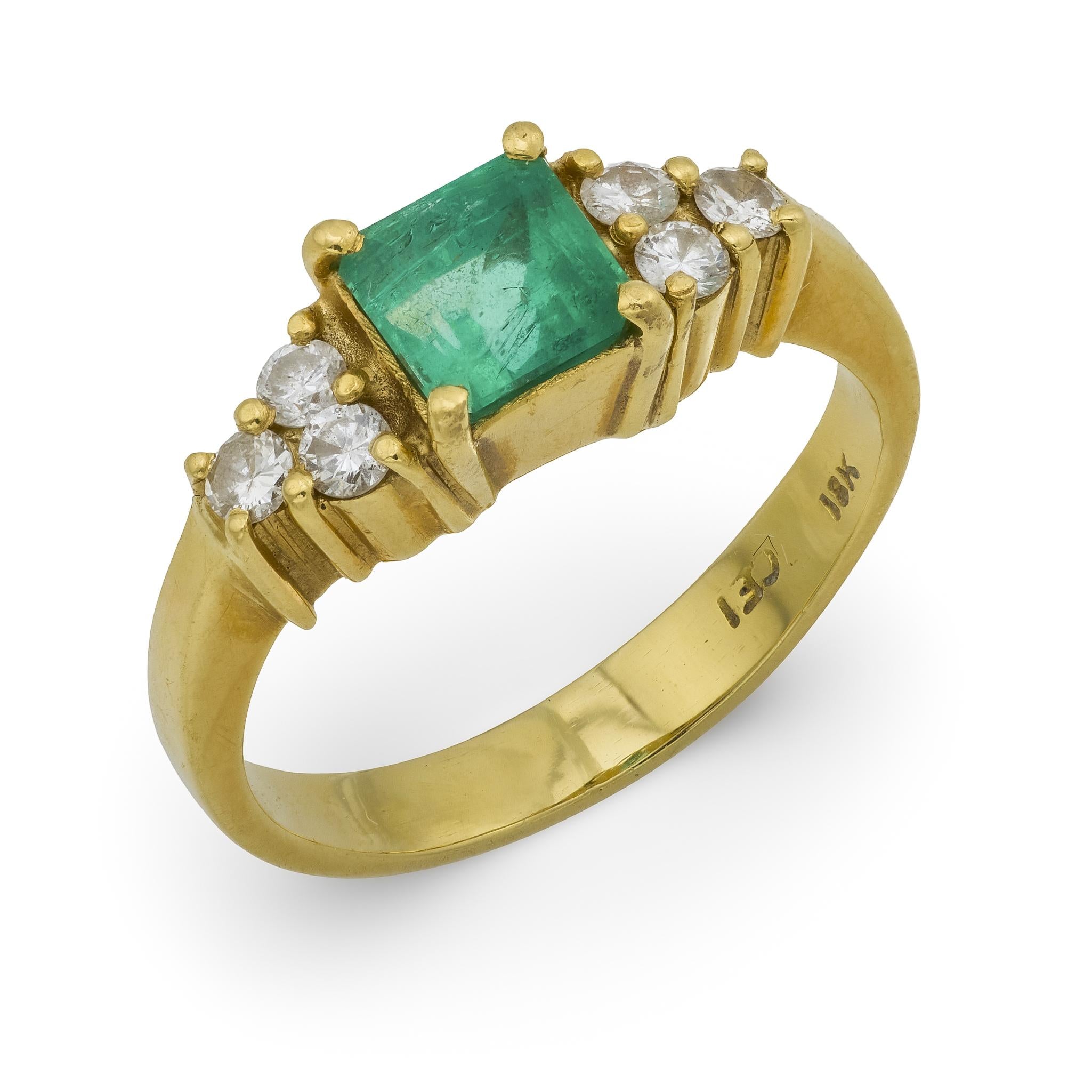 Vintage emerald diamond 18k yellow gold engagement ring