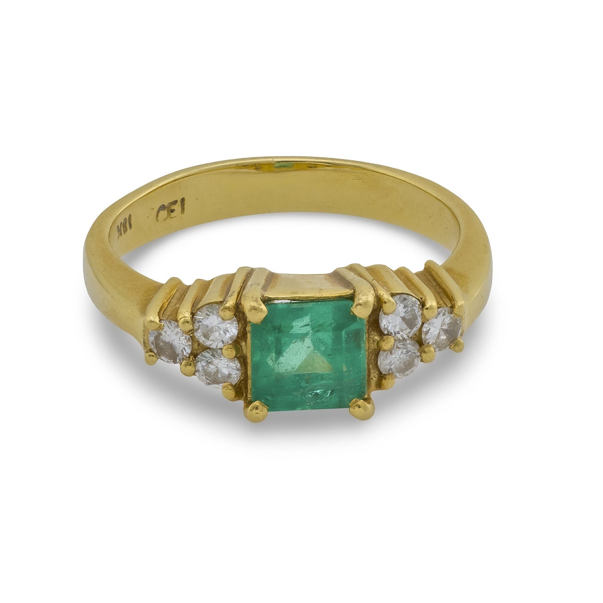 Vintage emerald diamond 18k yellow gold engagement ring