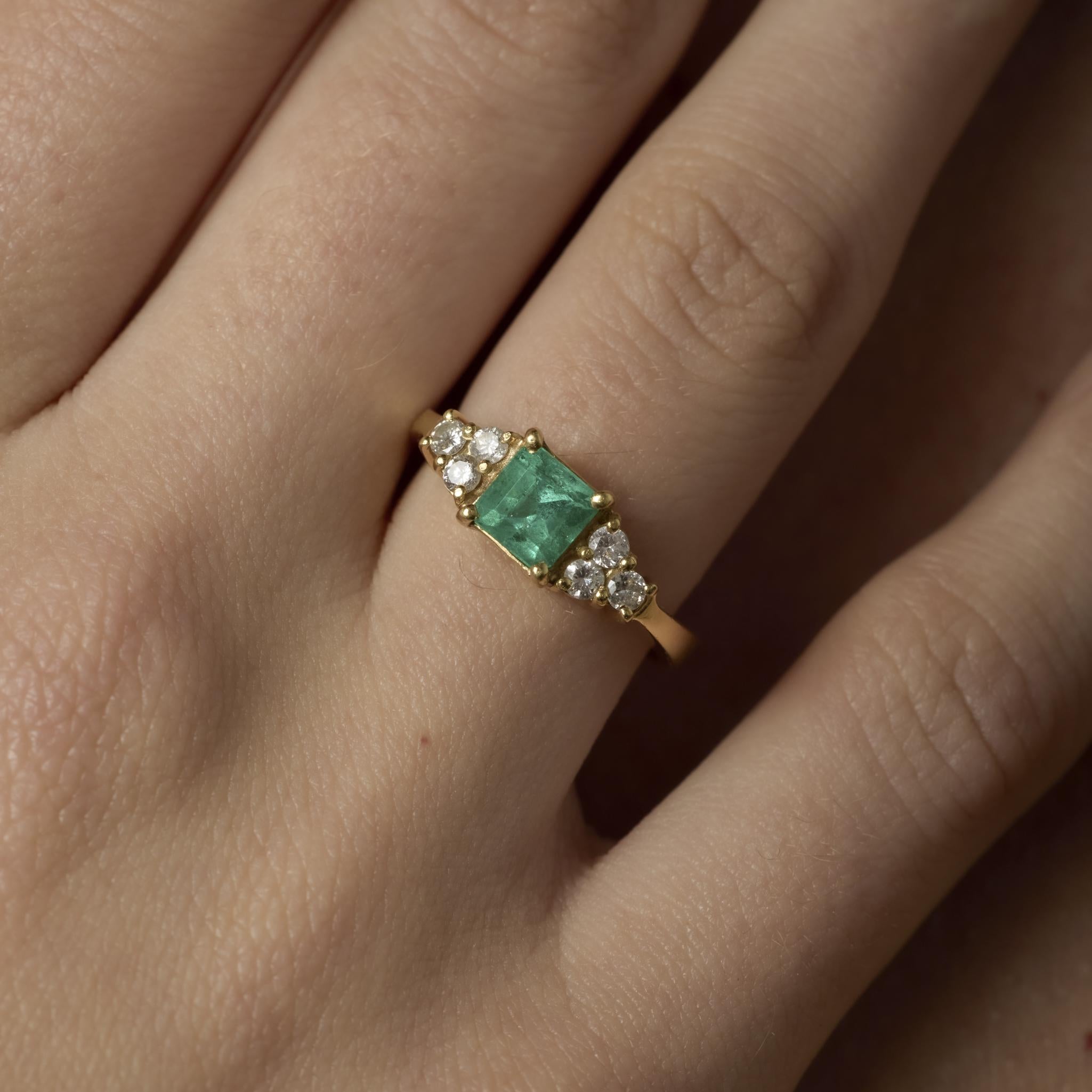 Vintage emerald diamond 18k yellow gold engagement ring
