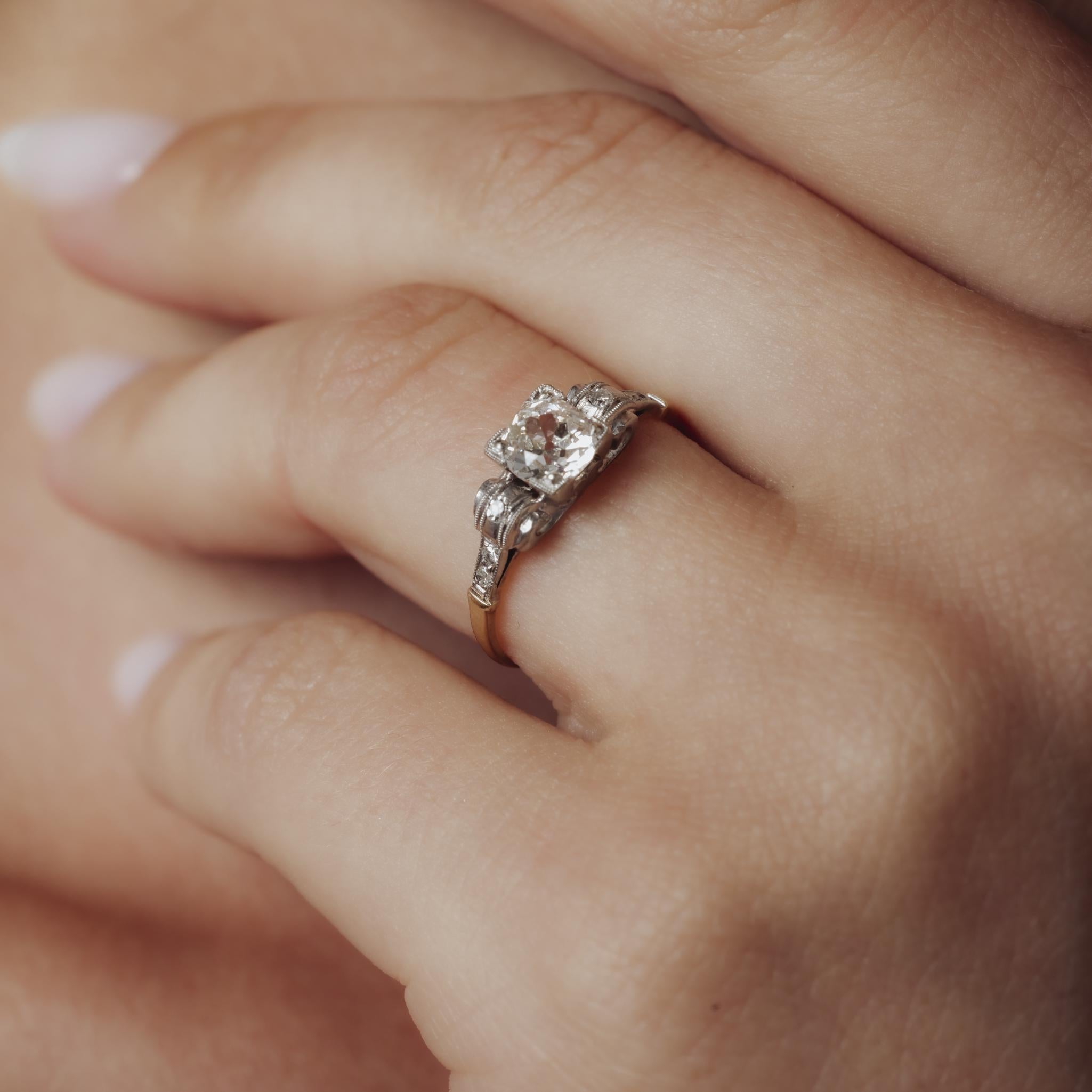 Retro .73 carat old mine cut diamond 14k gold engagement ring
