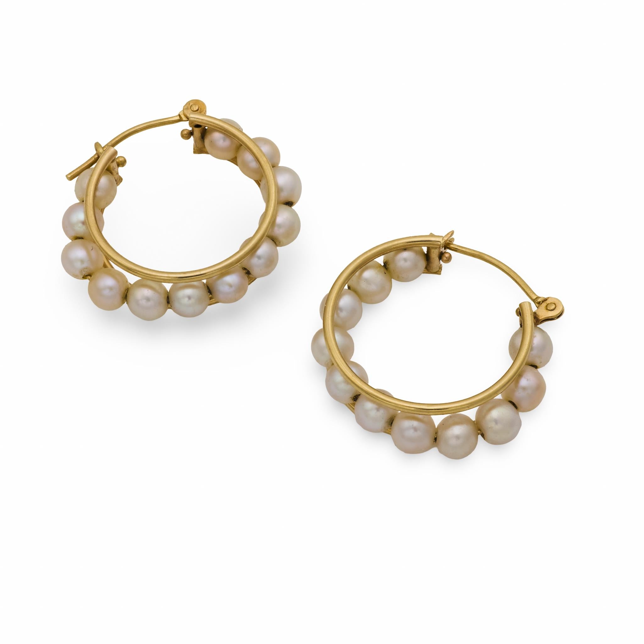 Vintage pearl 14k yellow gold hoop earrings