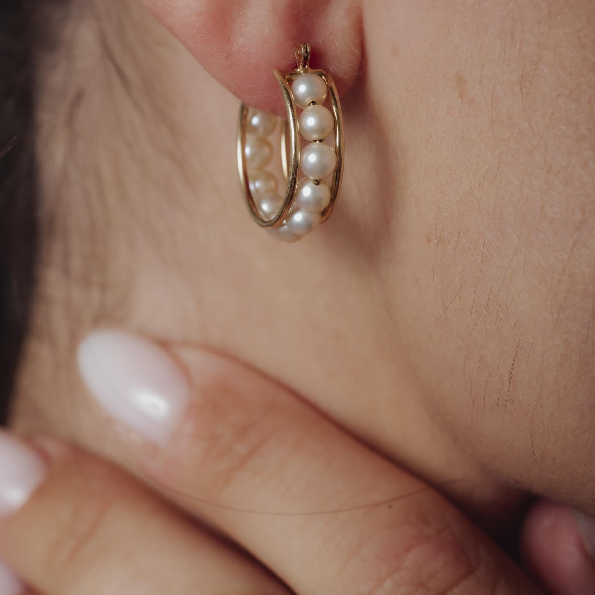 Vintage pearl 14k yellow gold hoop earrings